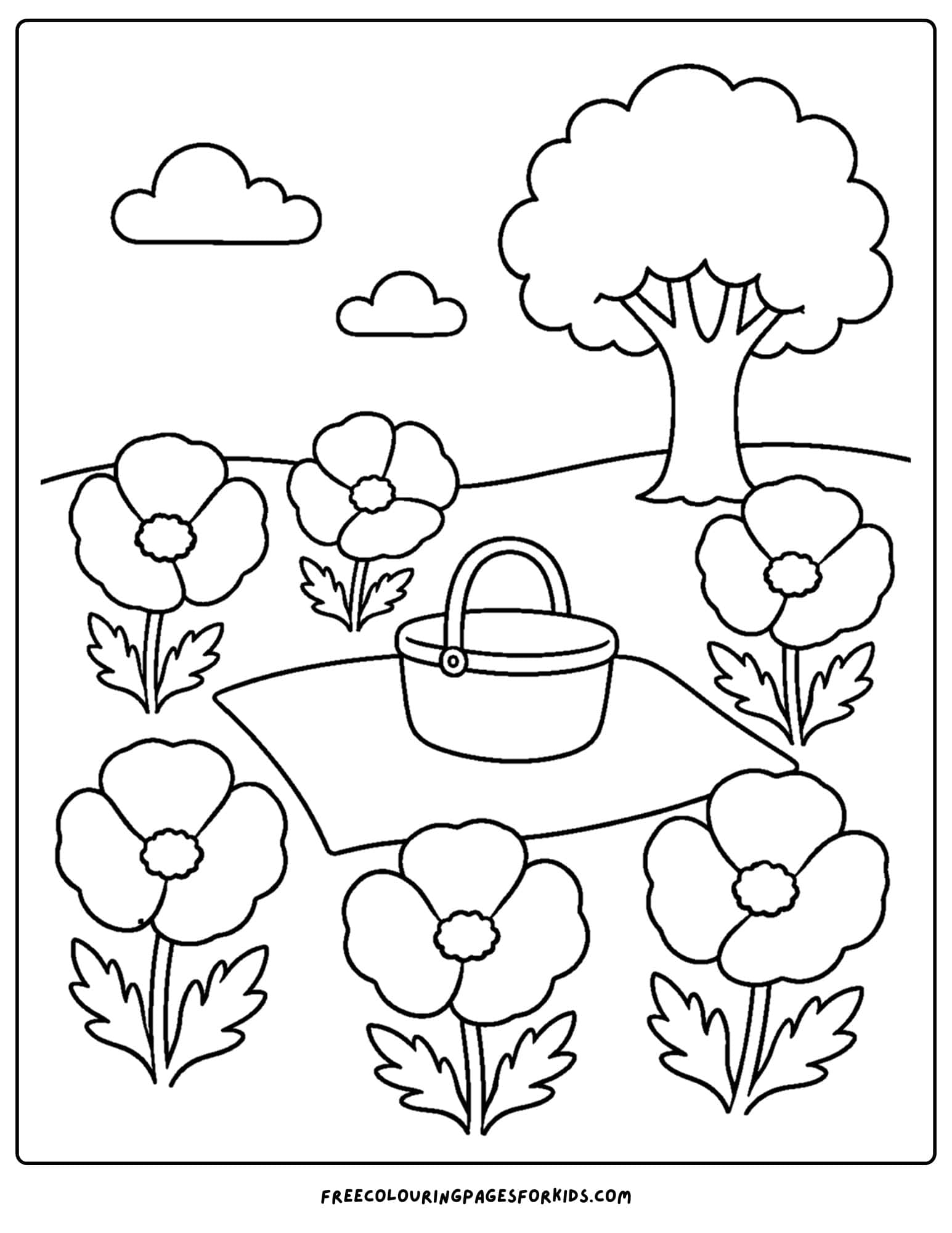 a coloring page of a flower field full of poppies with hills and a tree