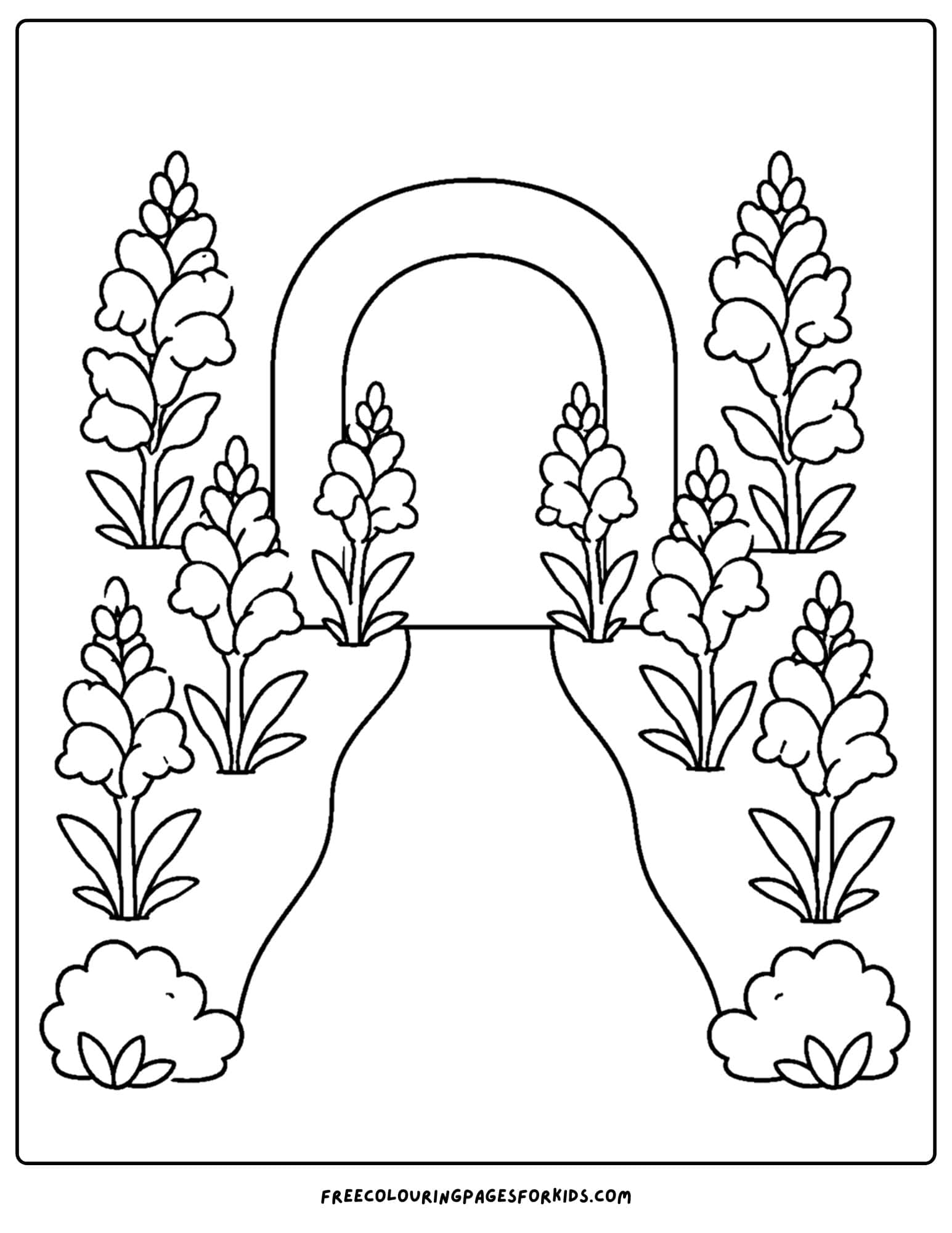 a coloring page of a flower field of snapdragons along a path leading to an arch