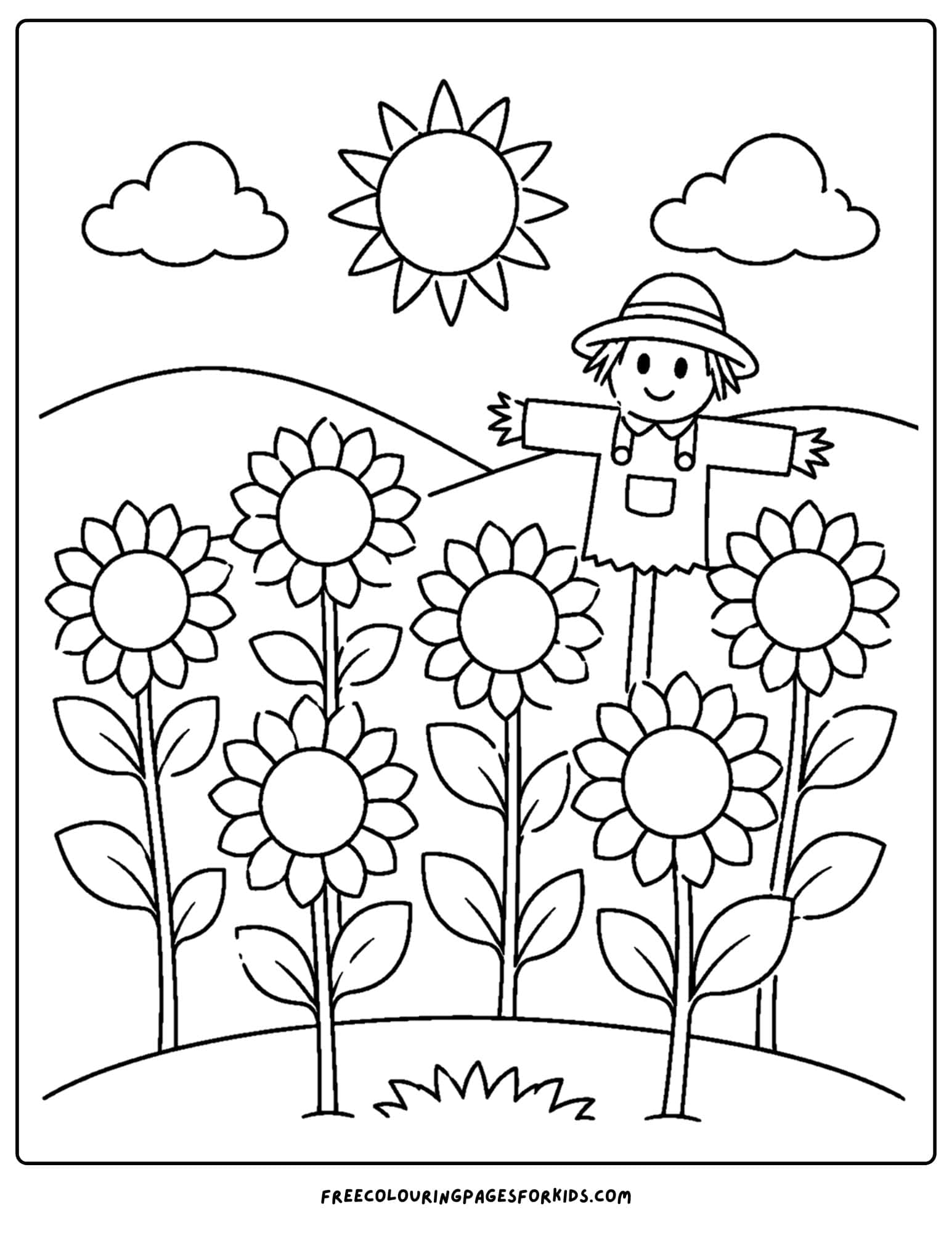 a coloring page of a flower field full of sunflowers with a scarecrow in the field