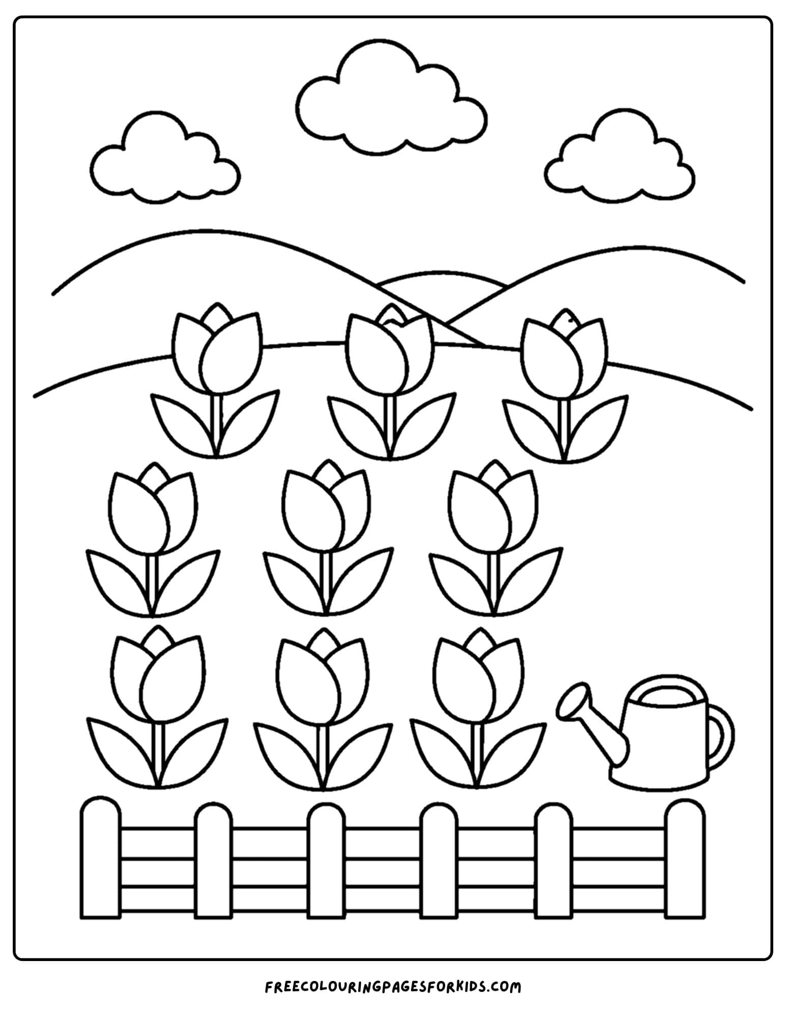 a coloring page of a flower field full of tulips on a hillside