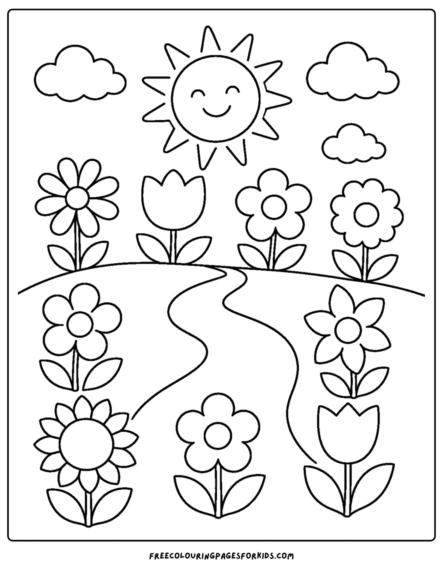 a coloring page of a flower field winding along a path