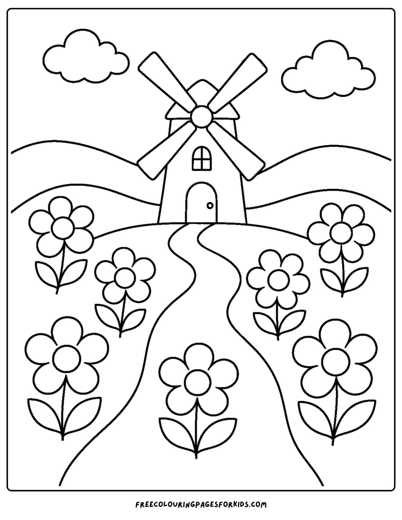 a coloring page of a flower field that leads up to a windmill