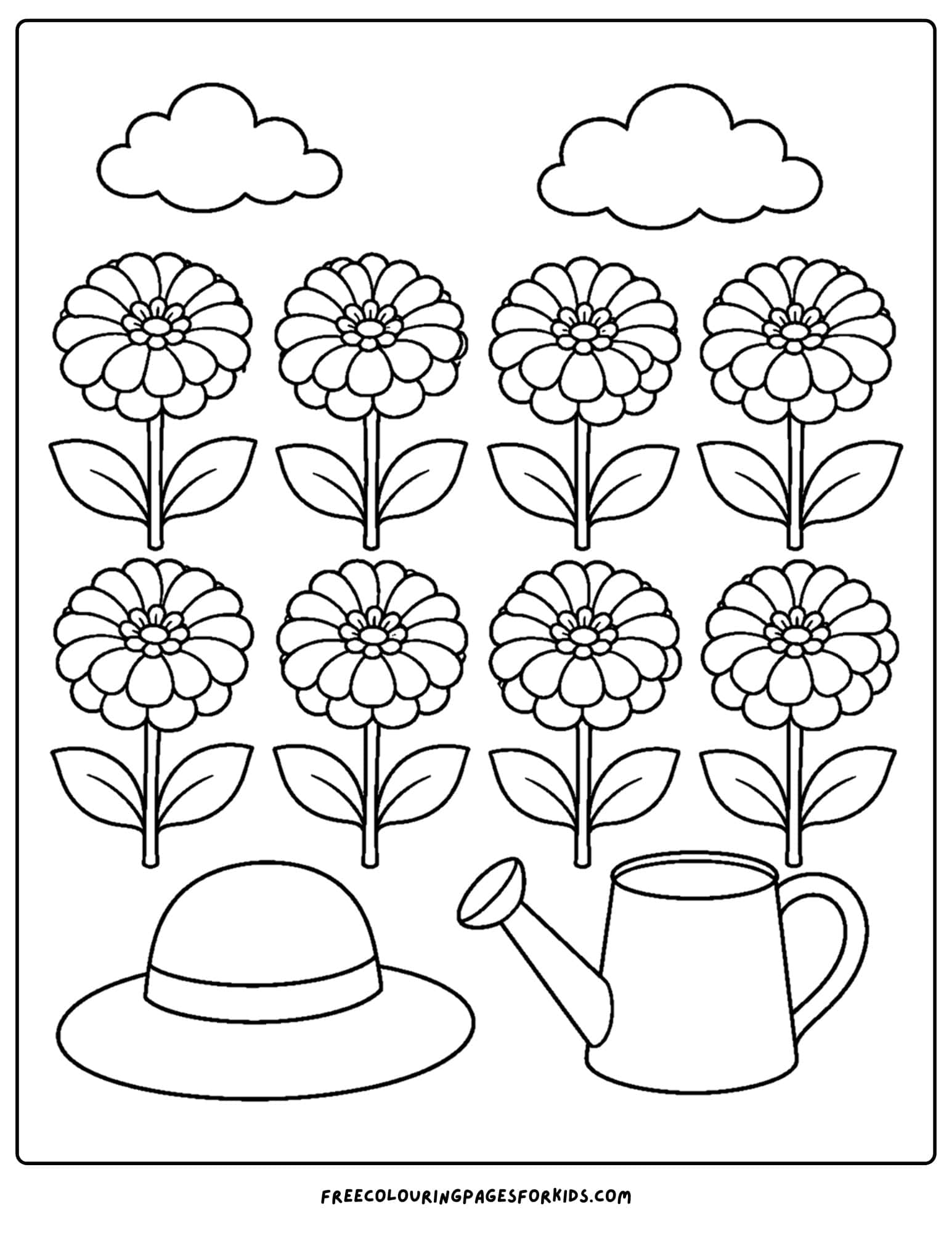 a coloring page of a flower field full of zinnias