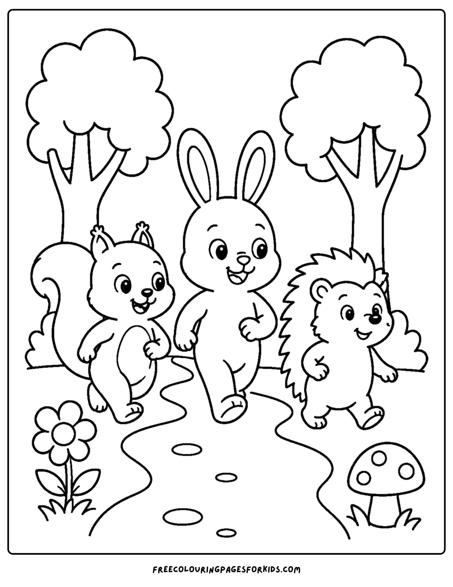 a forest style coloring page showing a parade of animals in a forest