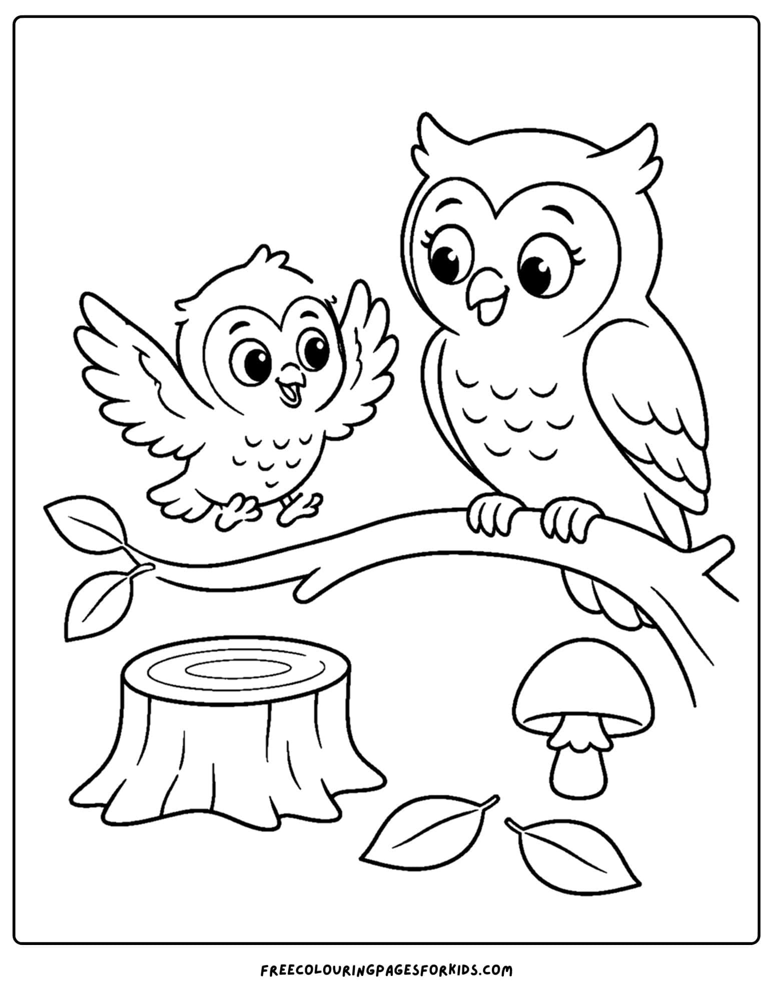 a forest style coloring page showing a baby owl learning to fly