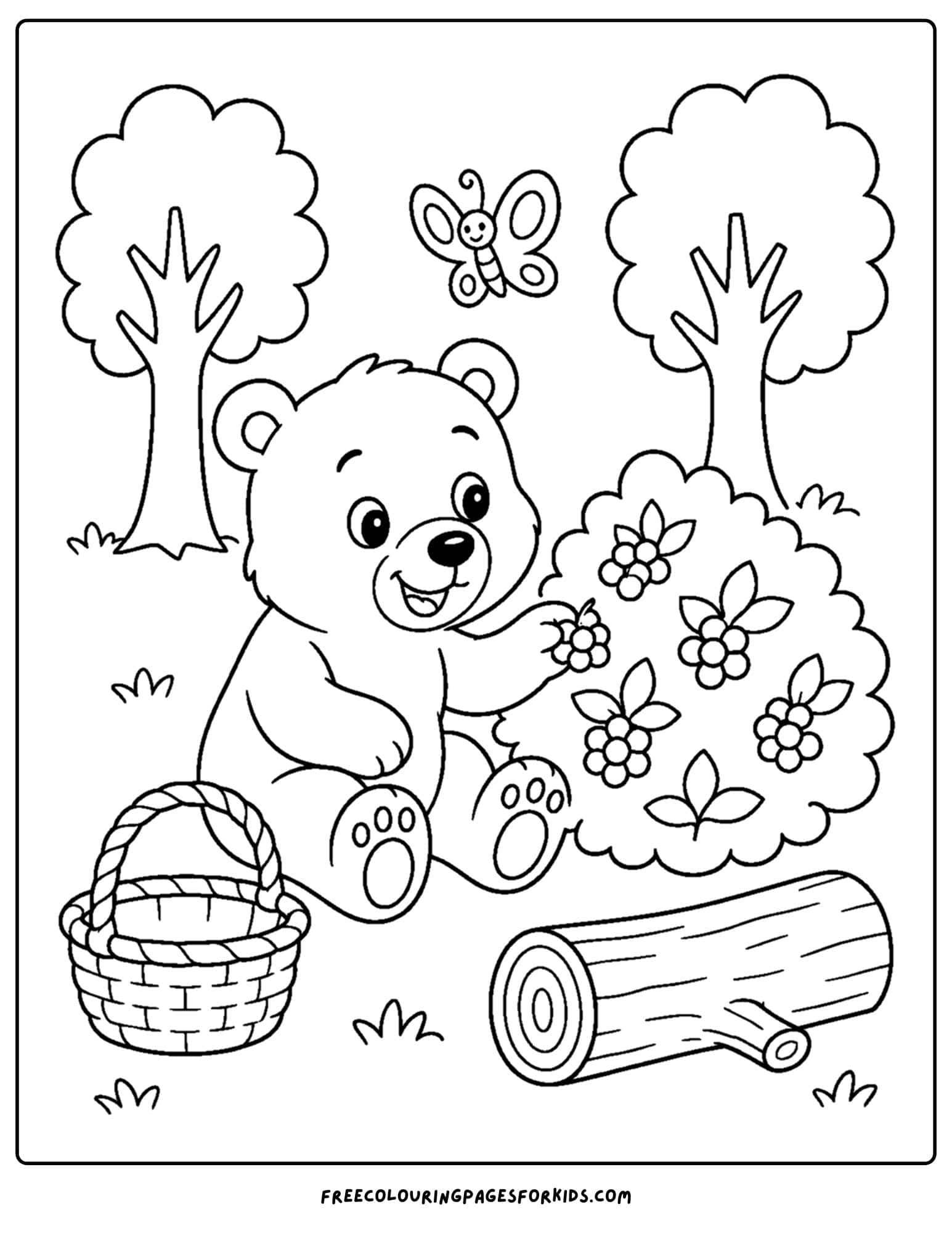 a forest style coloring page showing a bear beside a berry bush