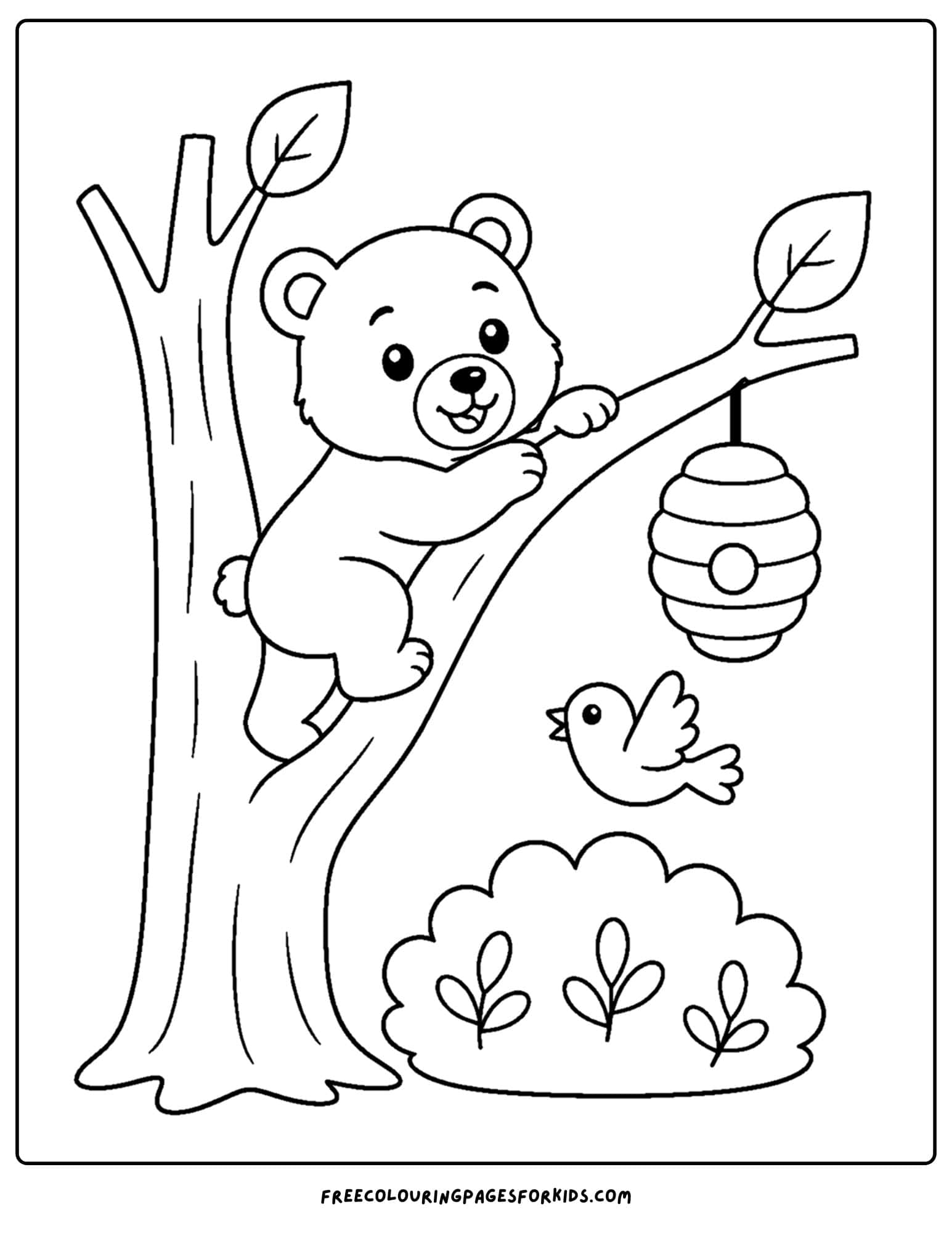 a forest style coloring page showing a bear club climbing a tree