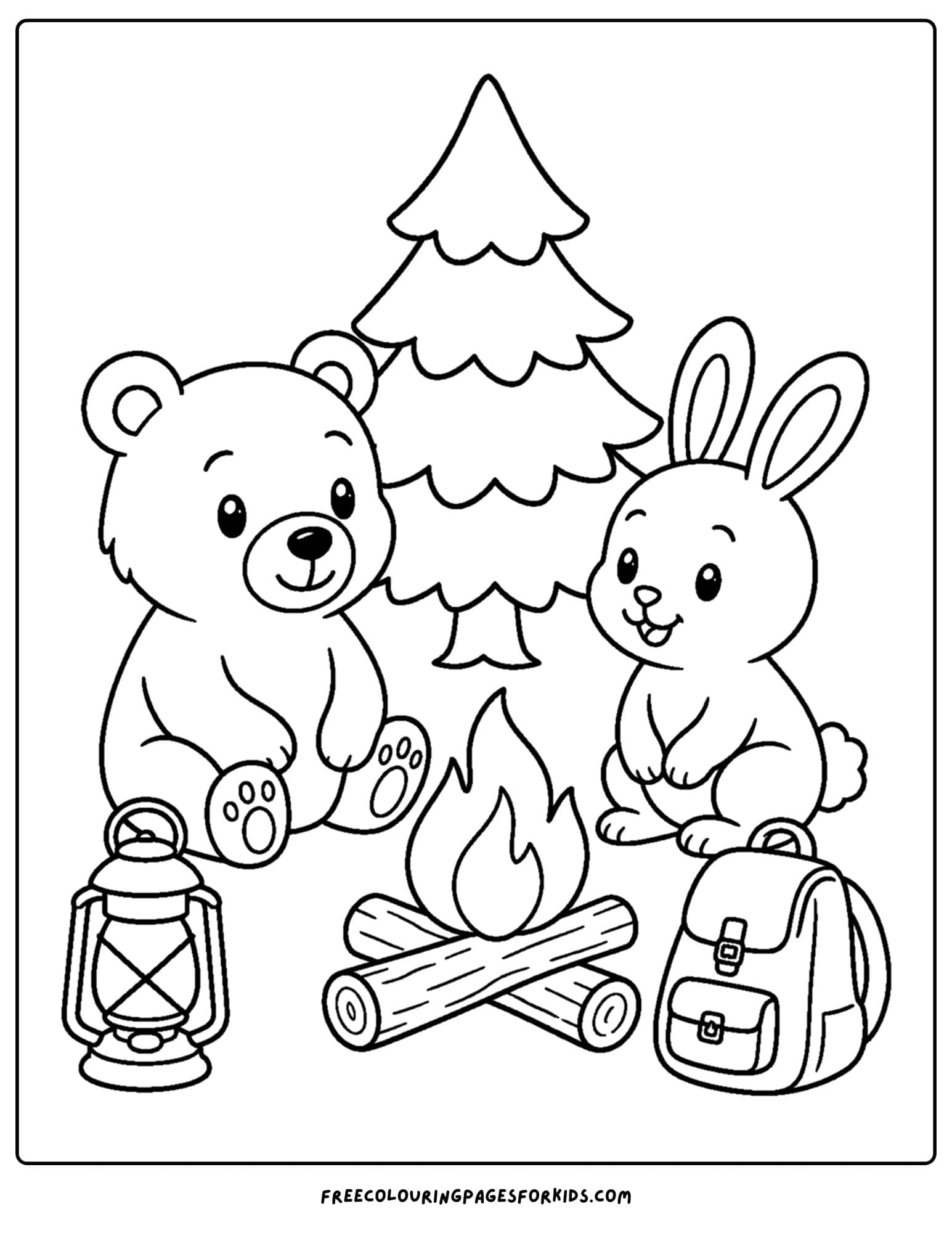 a forest style coloring page showing a bear and a rabbit at a campfire