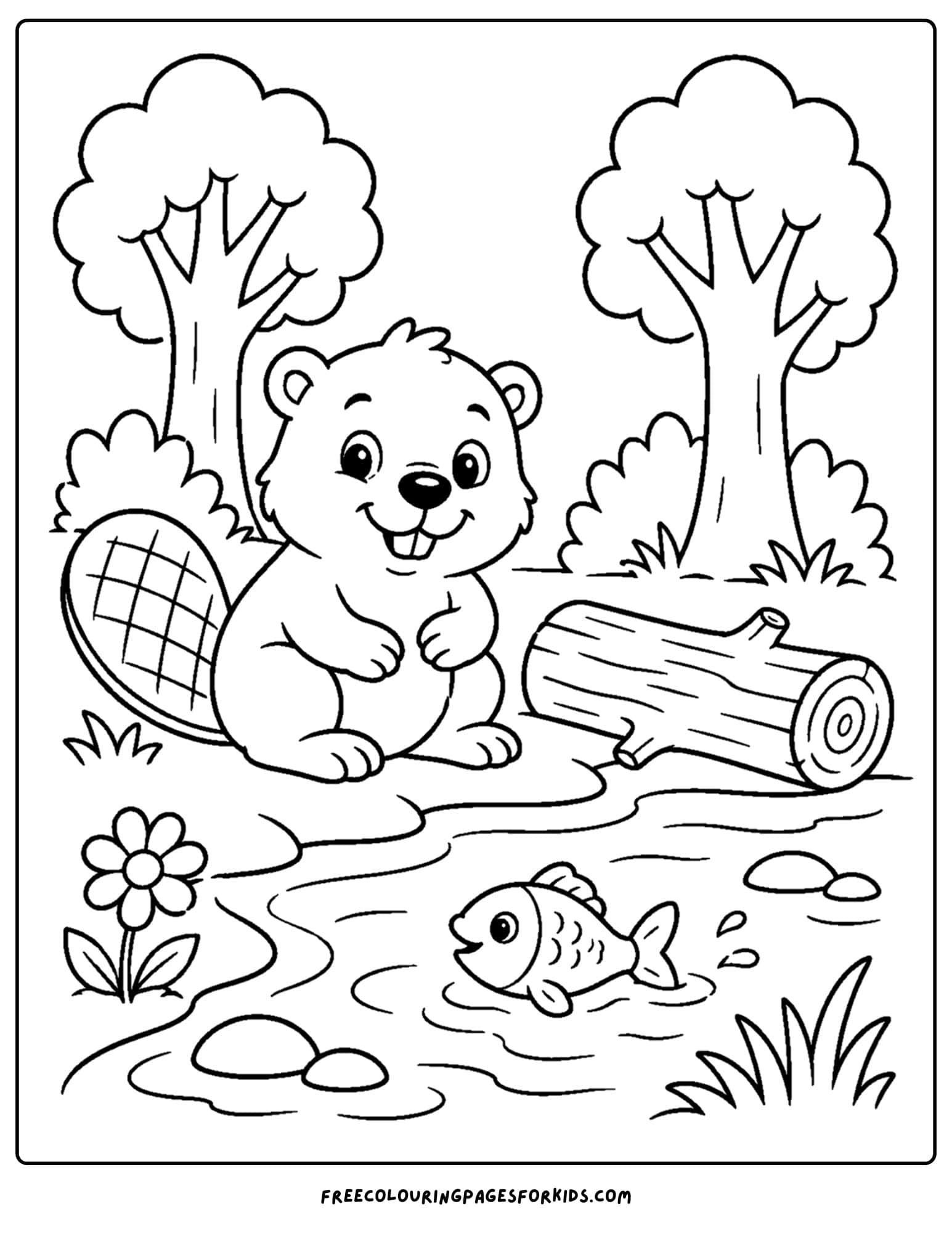 a forest style coloring page showing a beaver by a stream