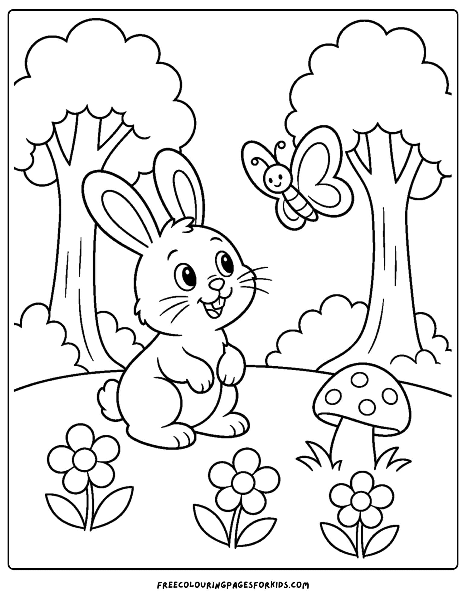 a forest style coloring page showing a bunny in a forest