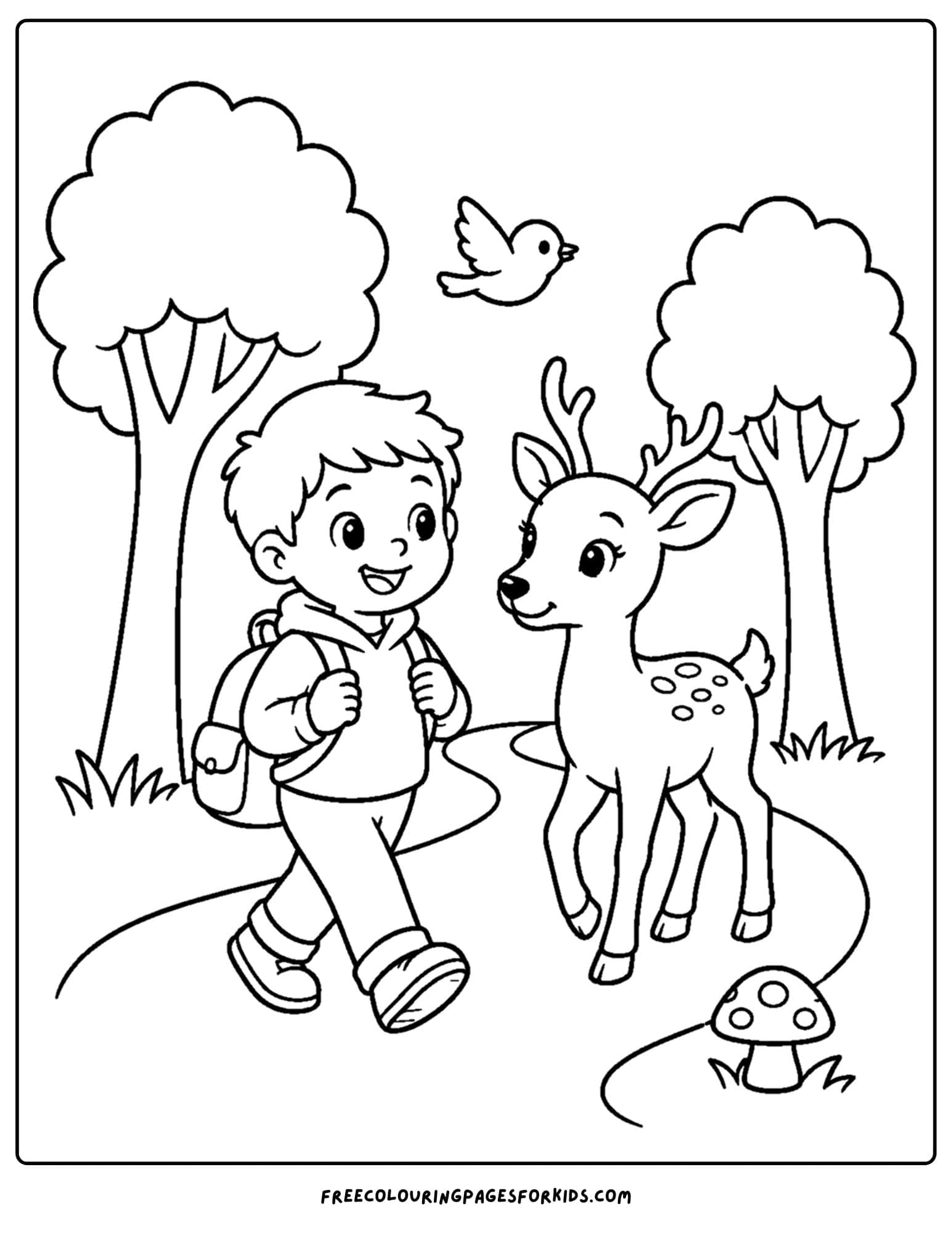 a forest style coloring page showing a child meeting a deer on a trail in a forest
