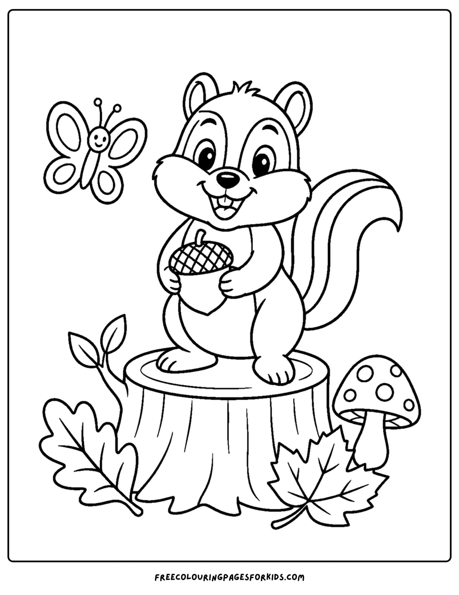 a forest style coloring page showing a chipmunk on a tree stump