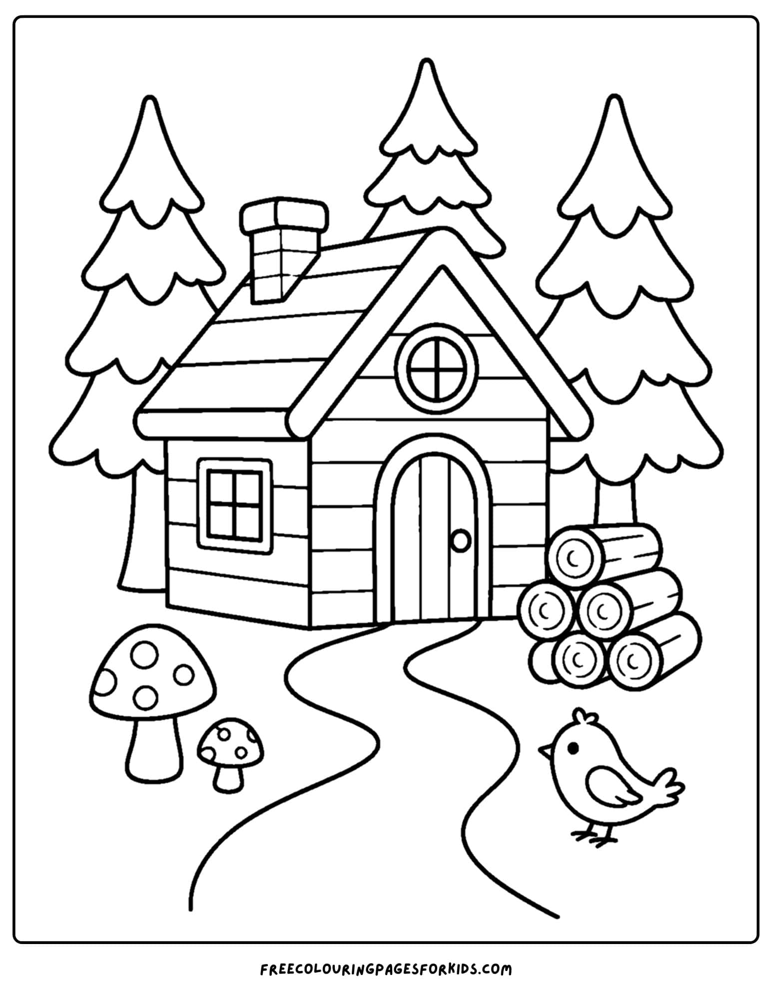 a forest style coloring page showing a cabin in a cozy forest setting