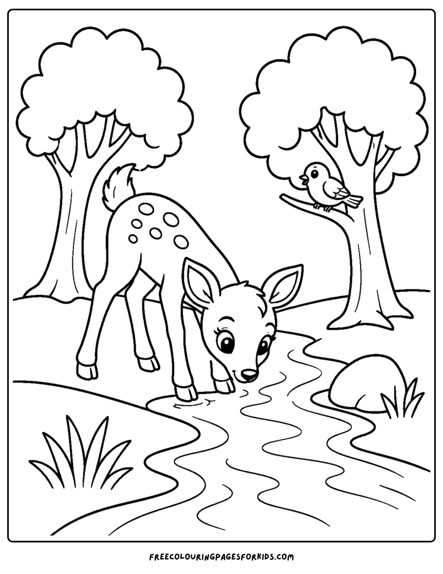 a forest style coloring page showing a deer drinking from a stream