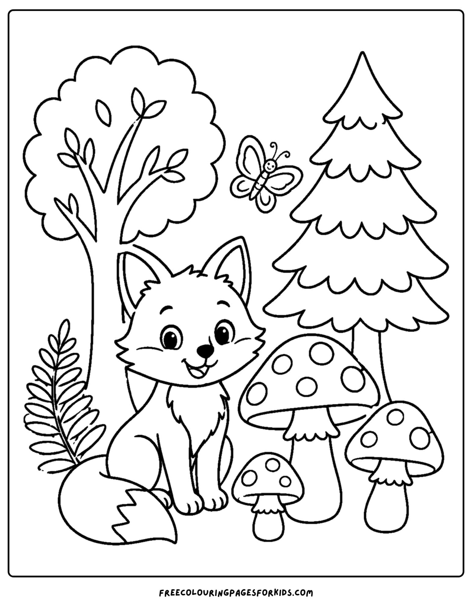a forest style coloring page showing a fox beside some big mushrooms