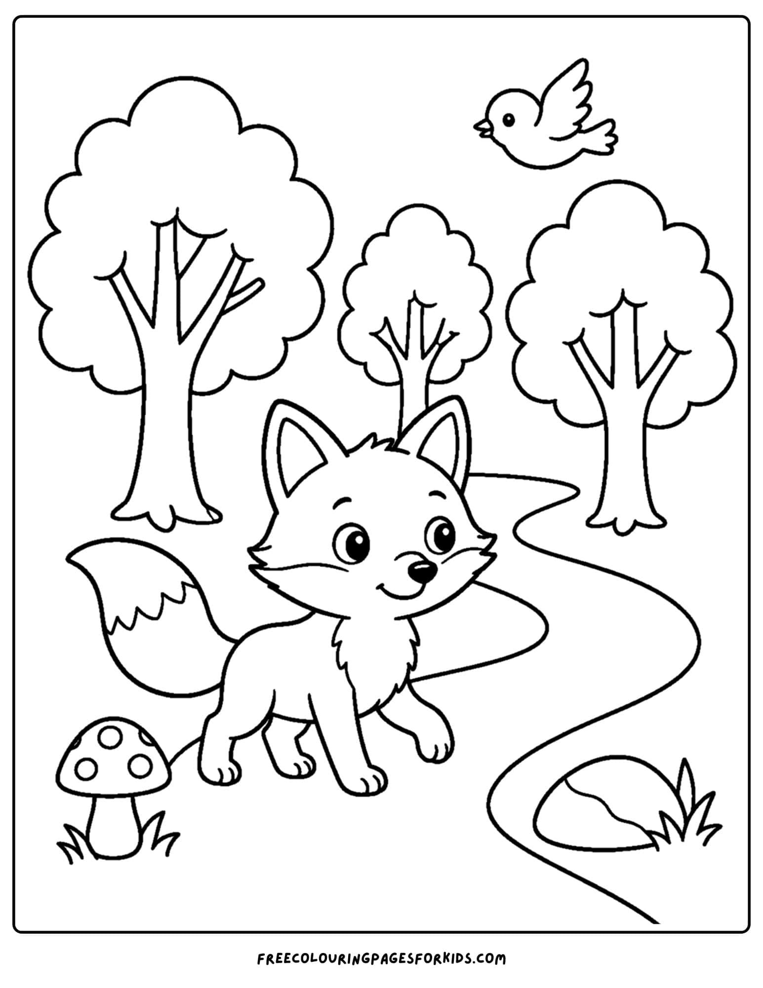 a forest style coloring page showing a fox walking a trail
