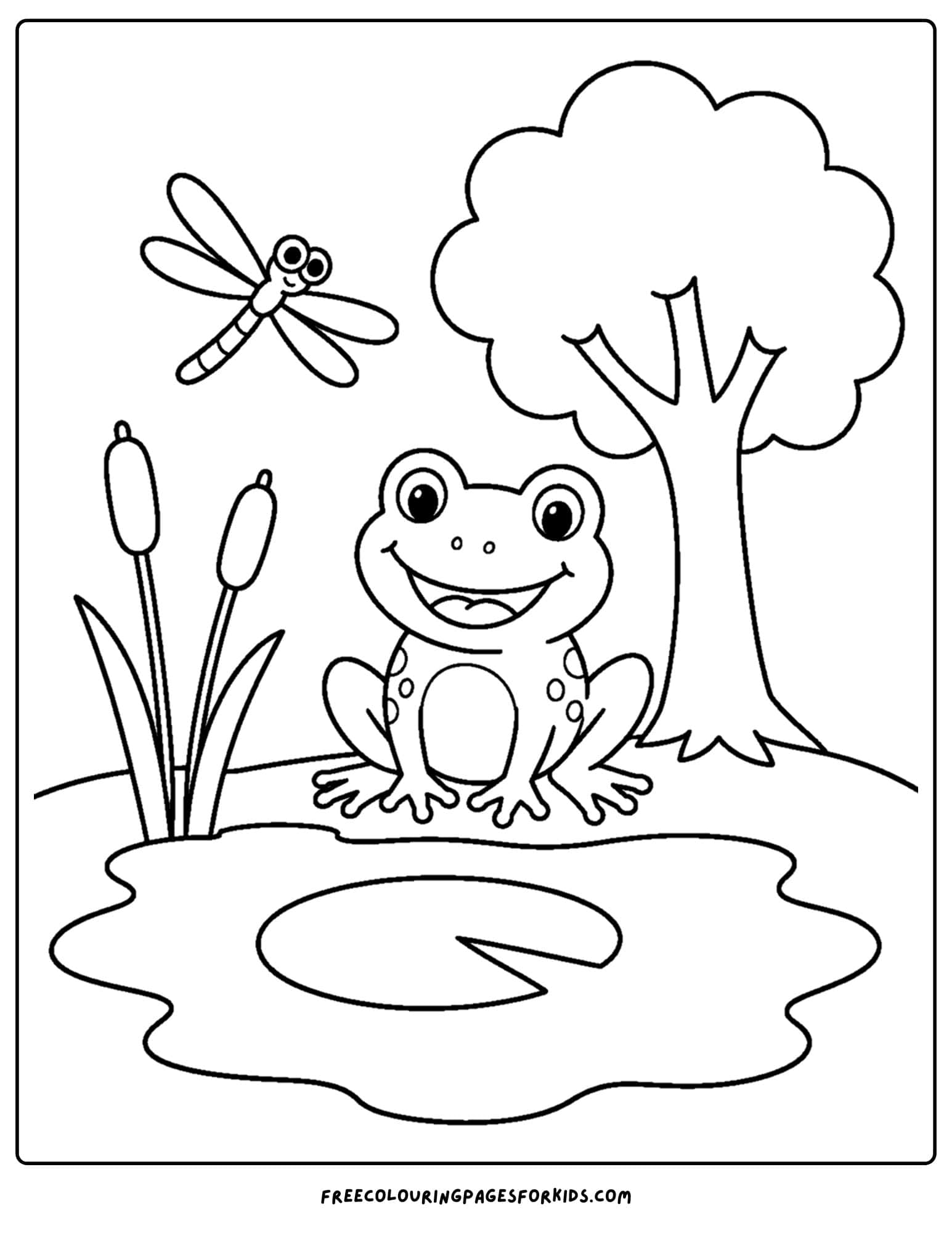 a forest style coloring page showing a frog beside a pond