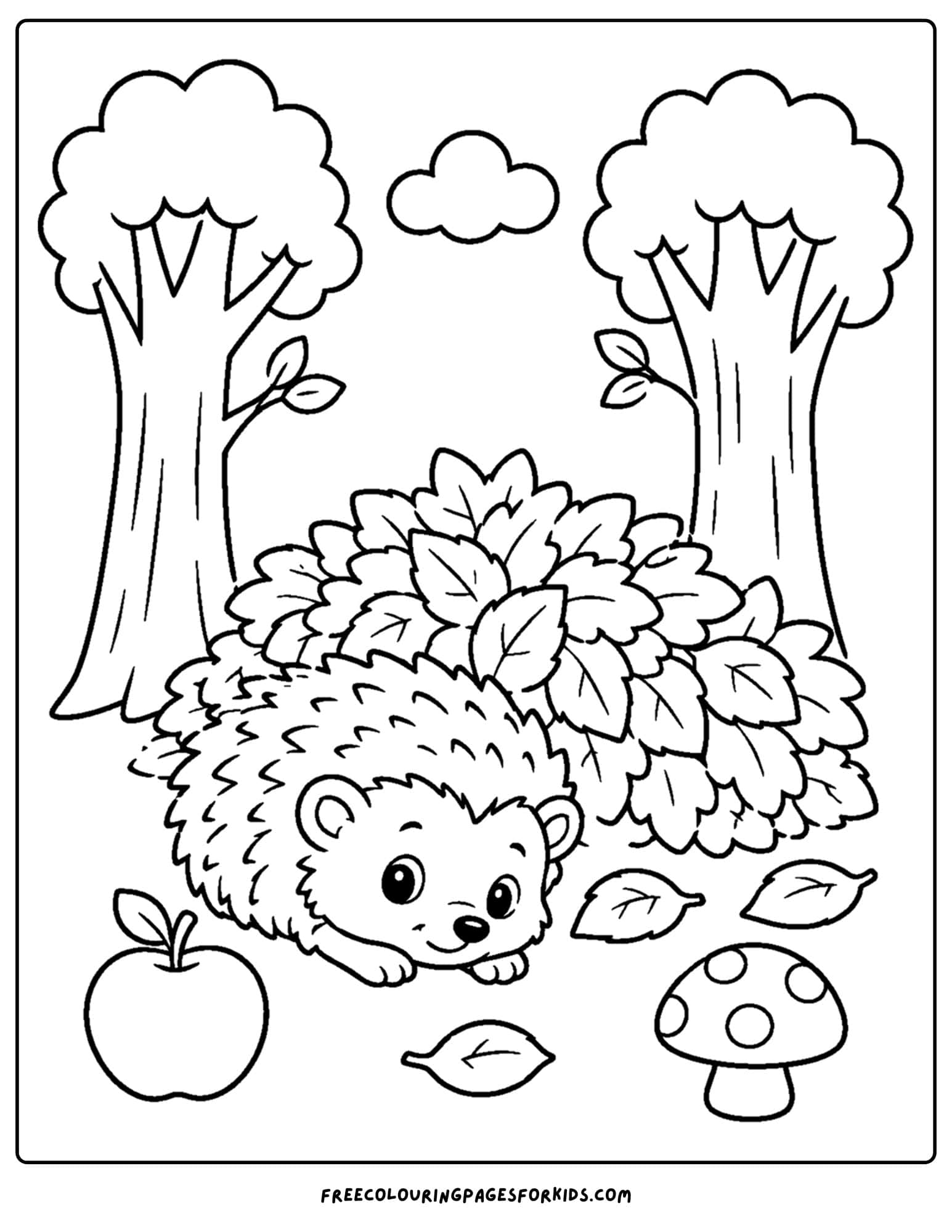 a forest style coloring page showing a hedgehog beside a pile of tree leaves