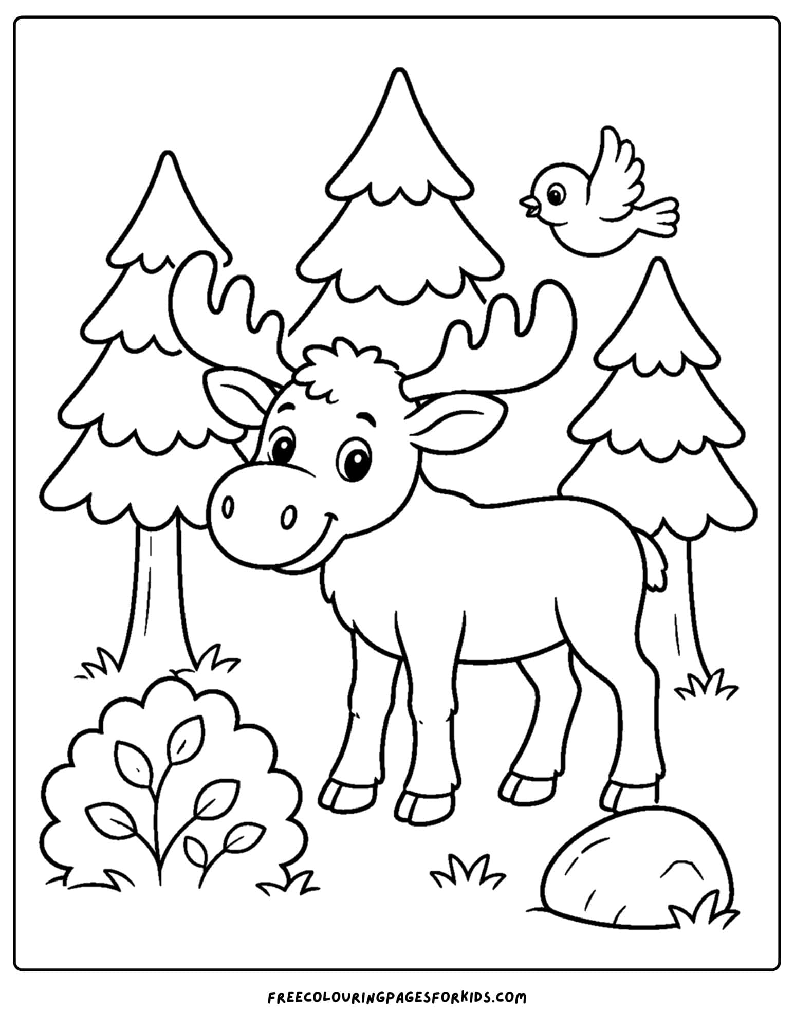 a forest style coloring page showing a moose in a forest clearing