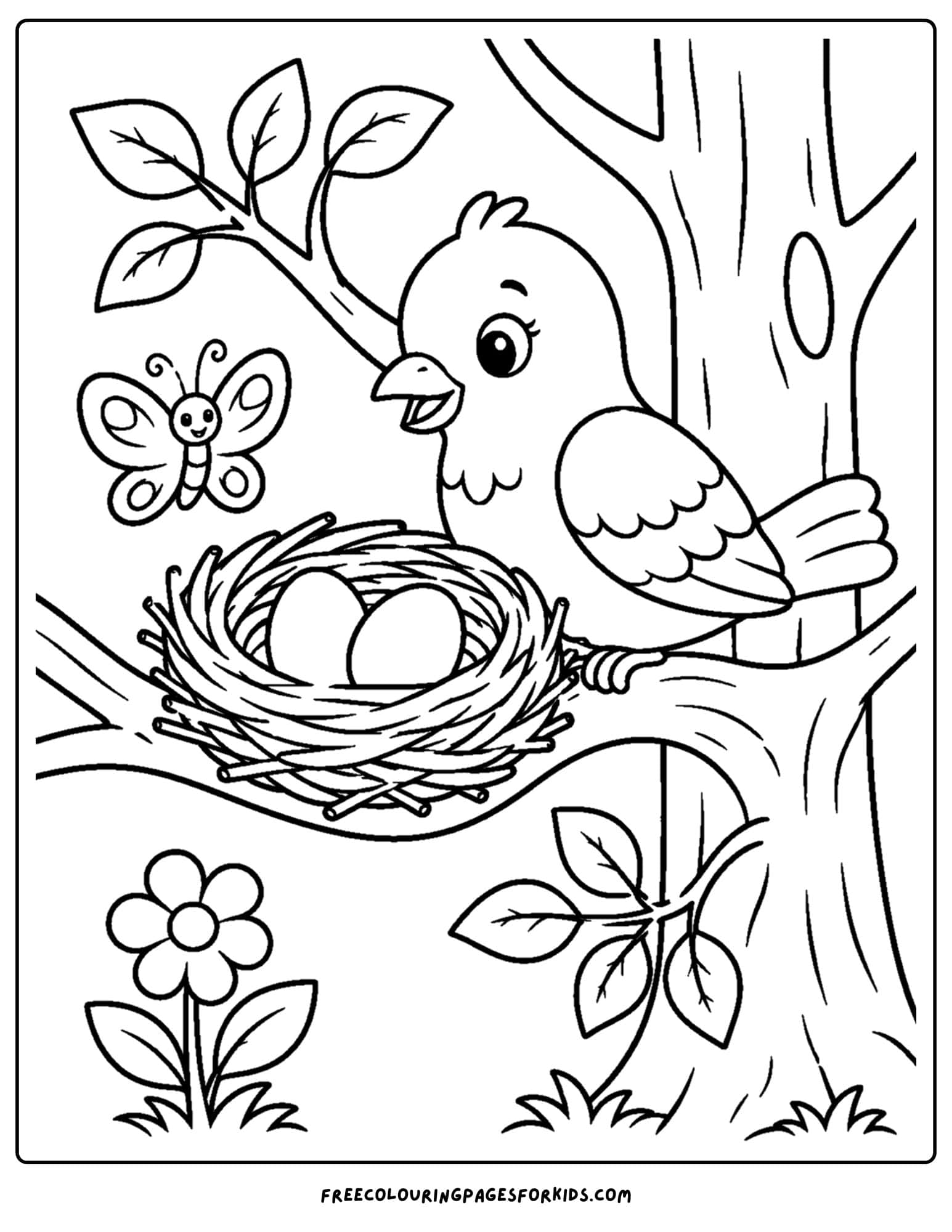 a forest style coloring page showing a bird in a nest