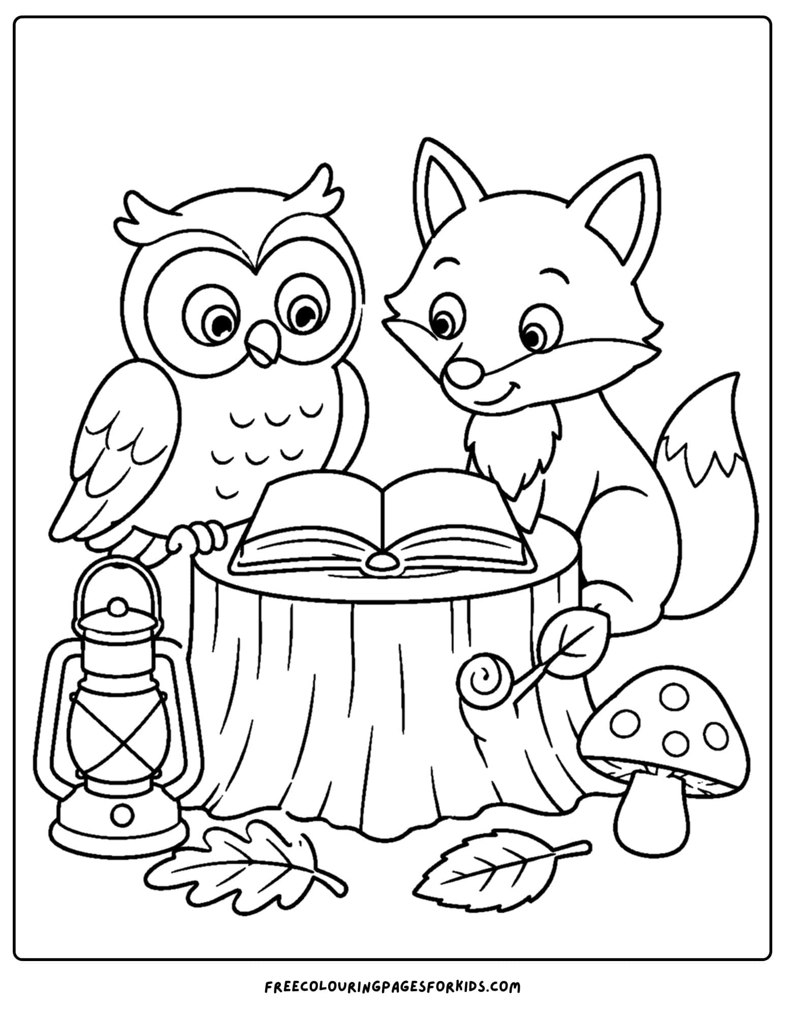 a forest style coloring page showing a owl and a fox reading a book on a tree stump