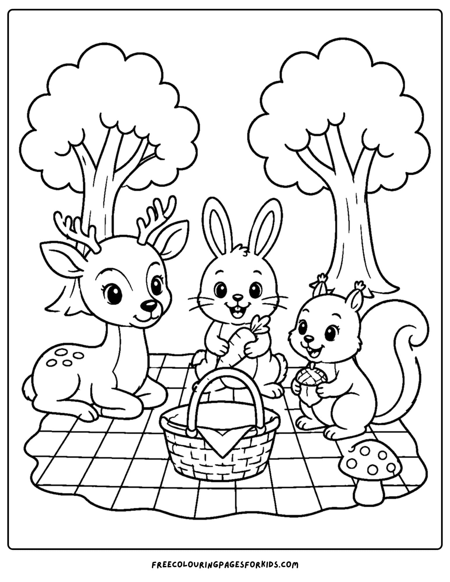 a forest style coloring page showing a picnic scene with animals