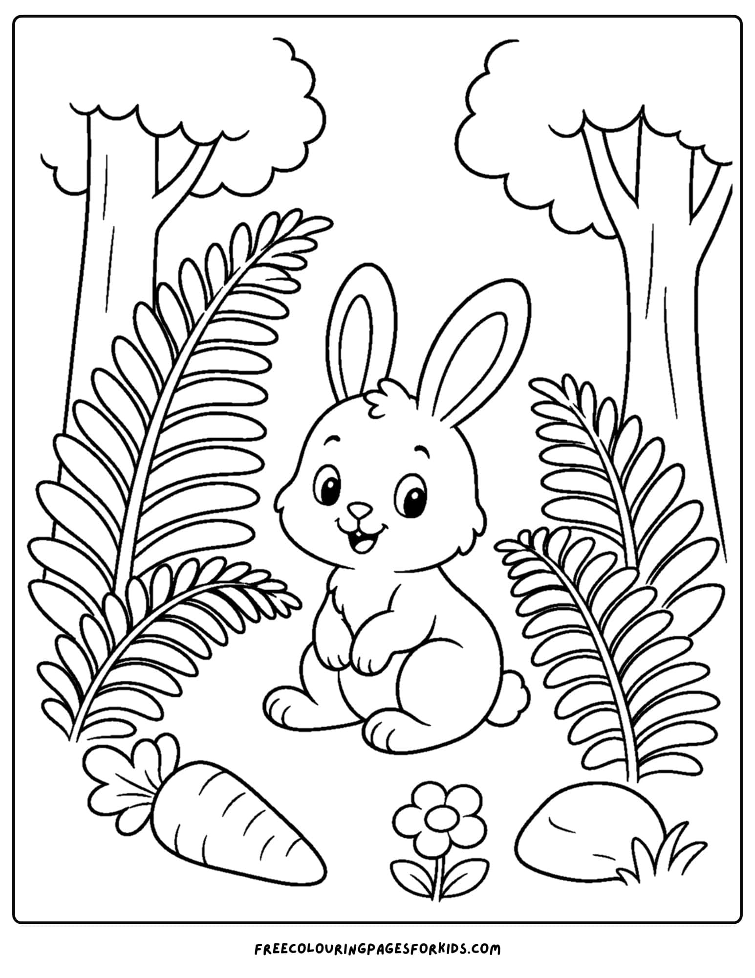 a forest style coloring page showing a rabbit under some ferns