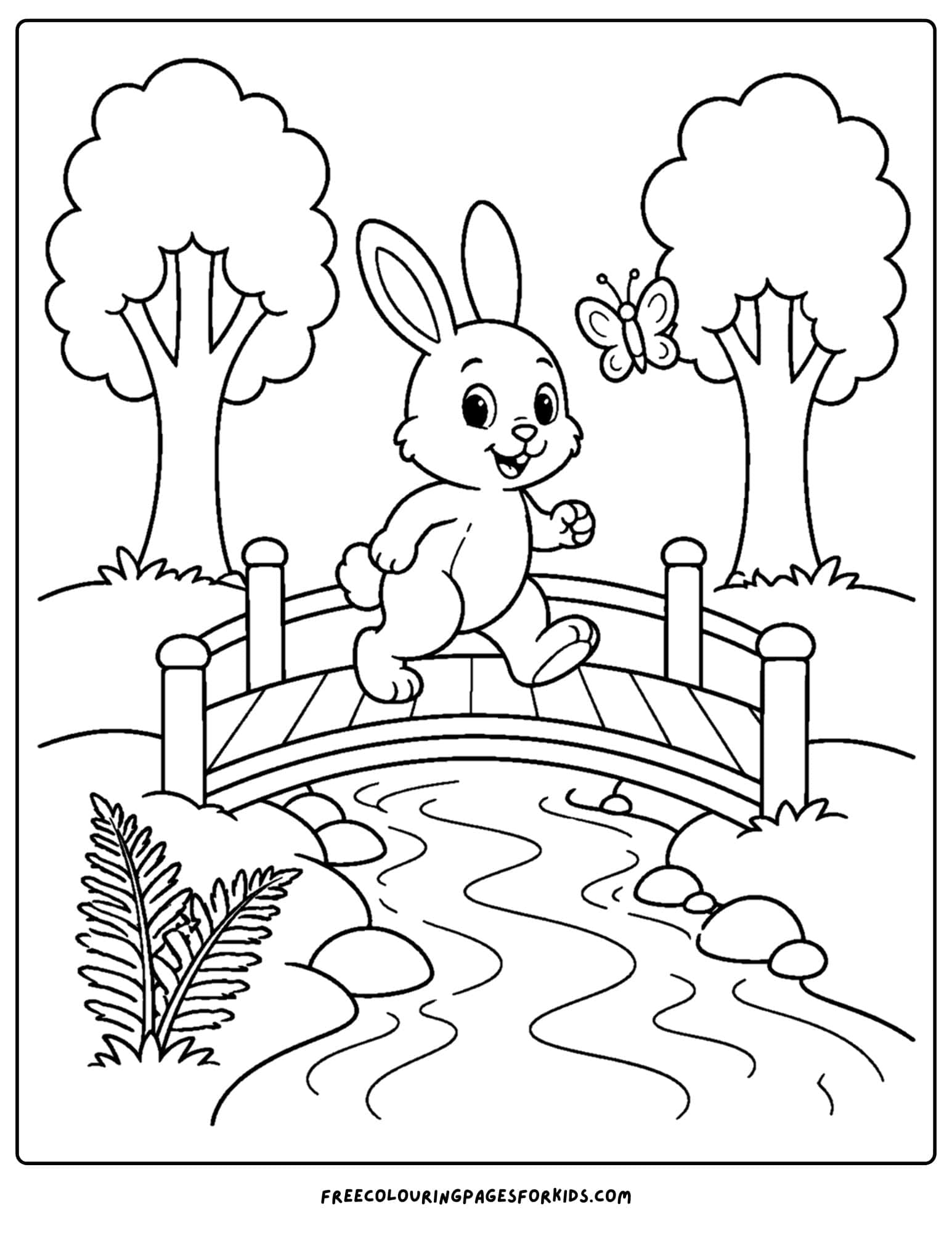 a forest style coloring page showing a rabbit crossing a bridge