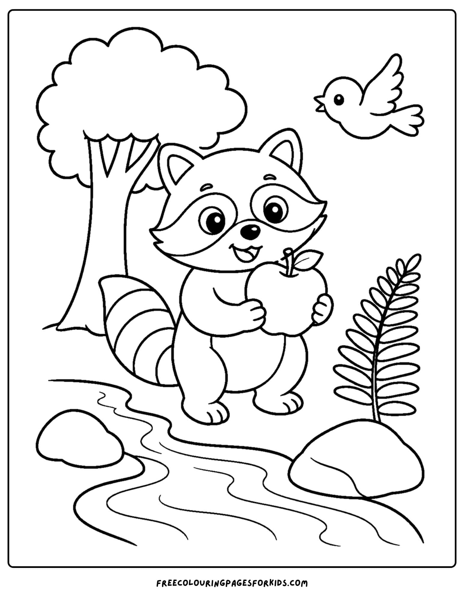 a forest style coloring page showing a raccoon holding an apple beside a forest stream