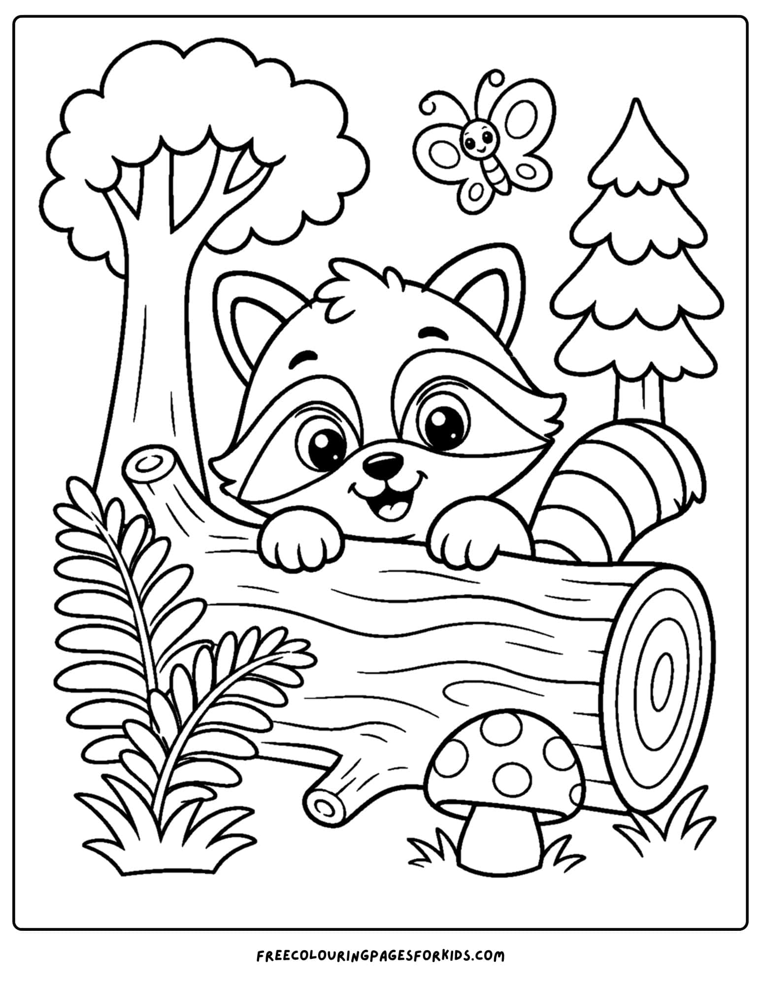 a forest style coloring page showing a raccoon hiding behind a fallen log