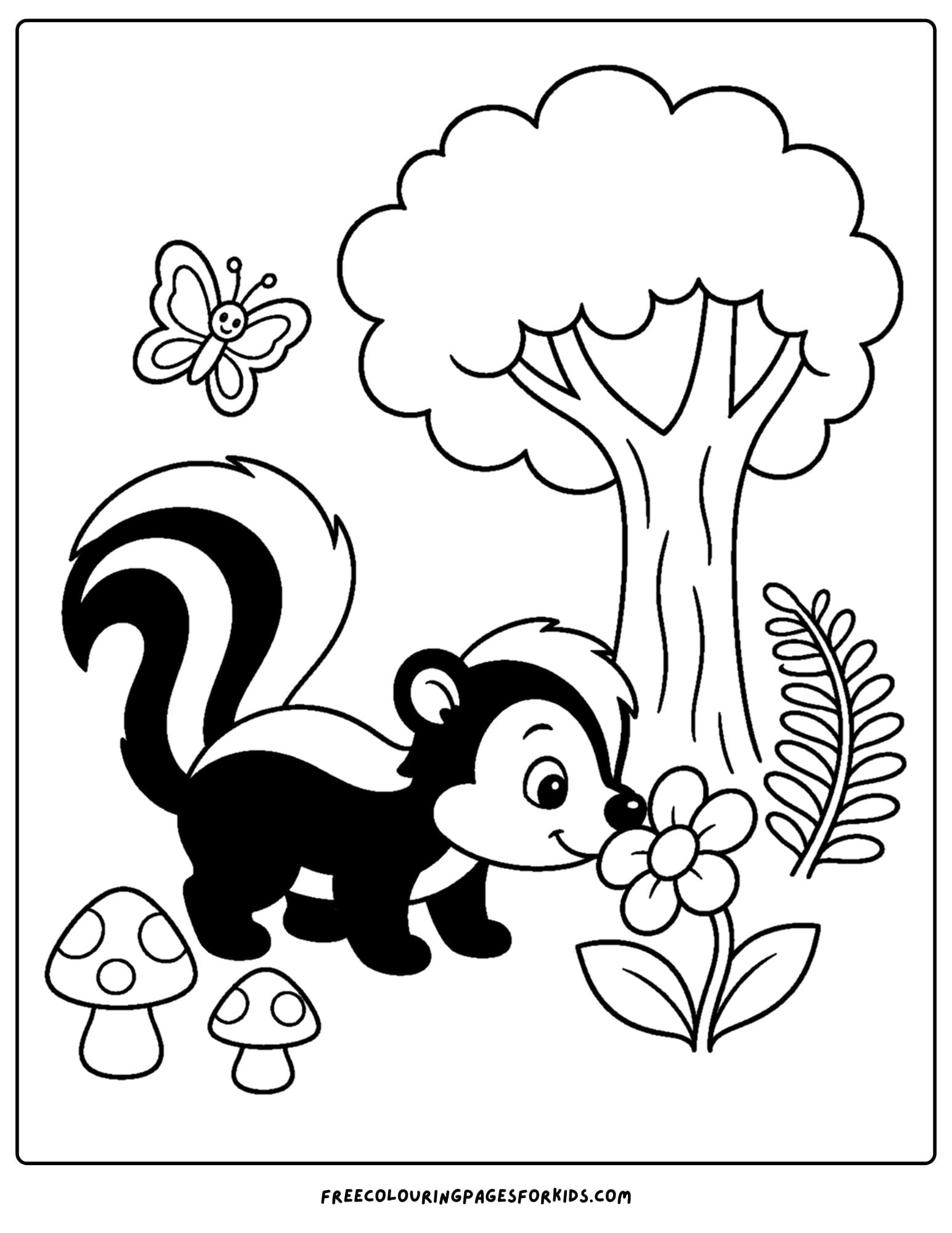 a forest style coloring page showing a skunk smelling a flower