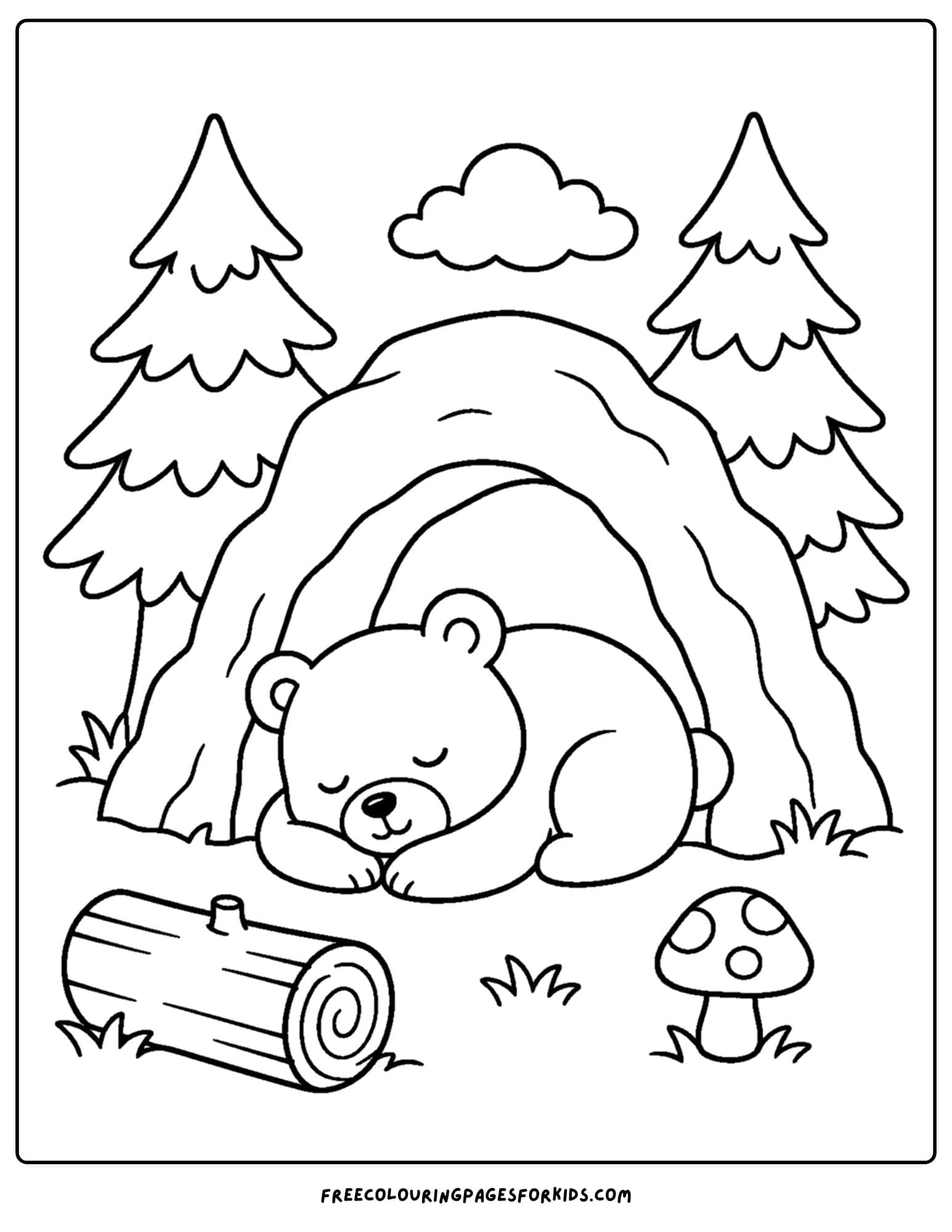 a forest style coloring page showing a bear sleeping in a cave