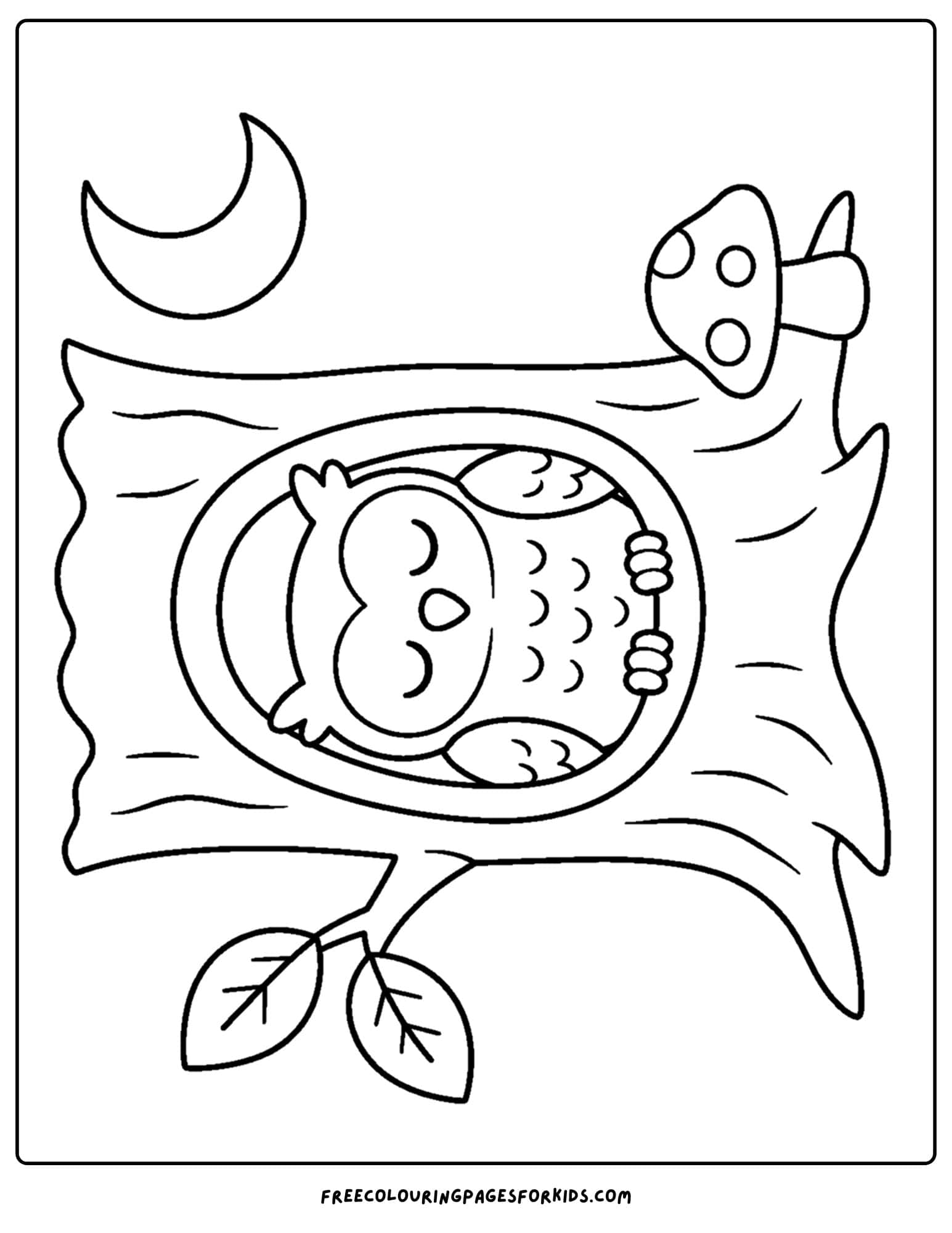 a forest style coloring page showing an owl sleeping in a tree hollow