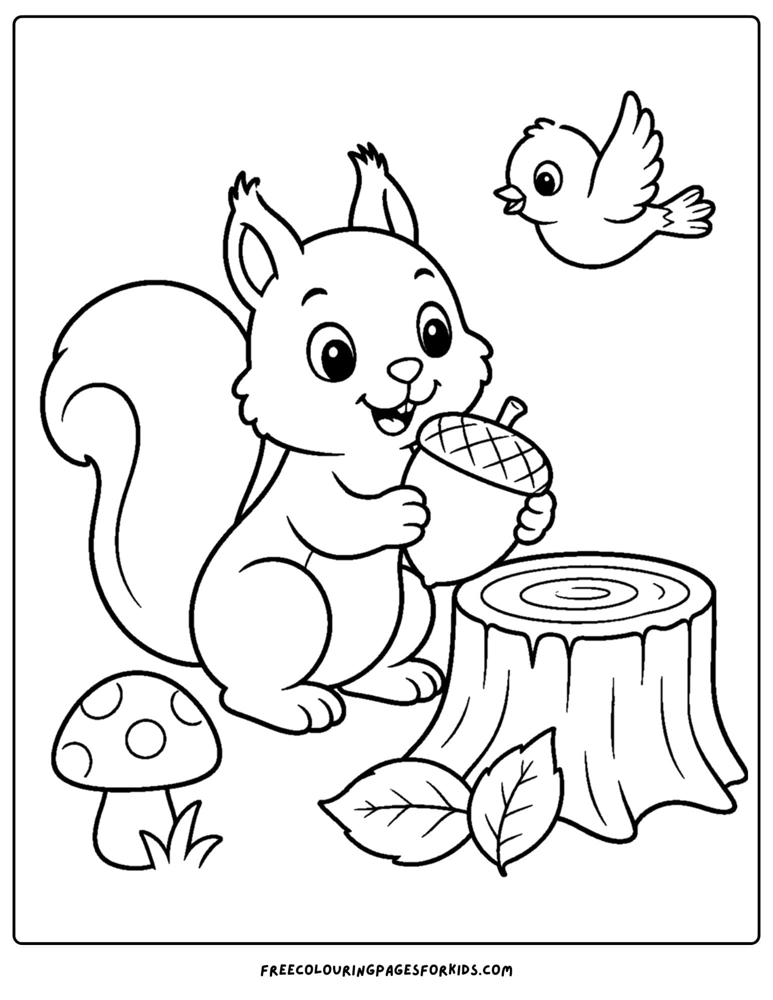 a forest style coloring page showing a squirrel with an acorn