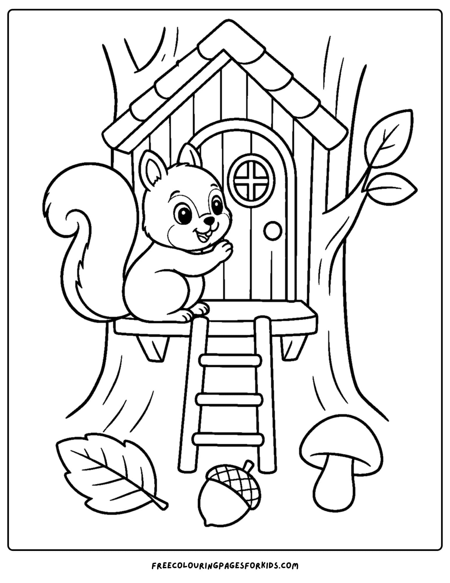 a forest style coloring page showing a squirrel in a tree house