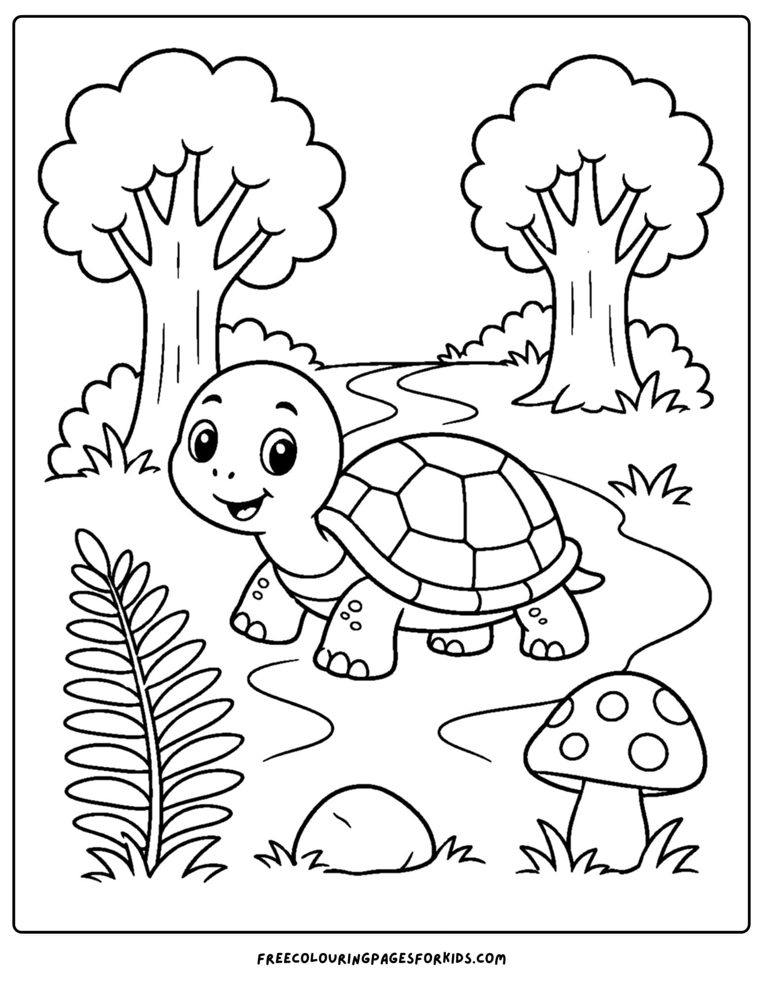 a forest style coloring page showing a turtle walking a trail amongst trees