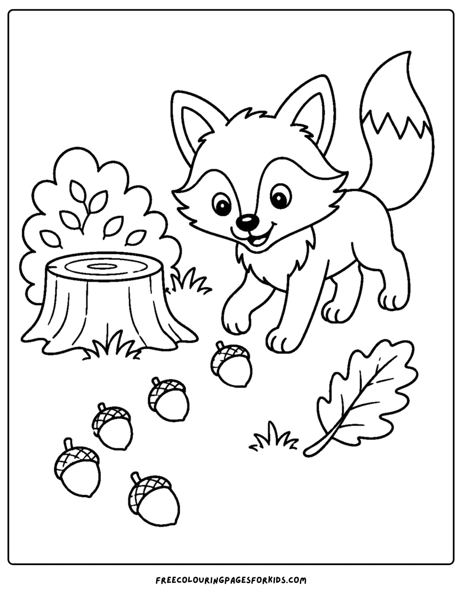 a coloring page of a fox following an acorn trail