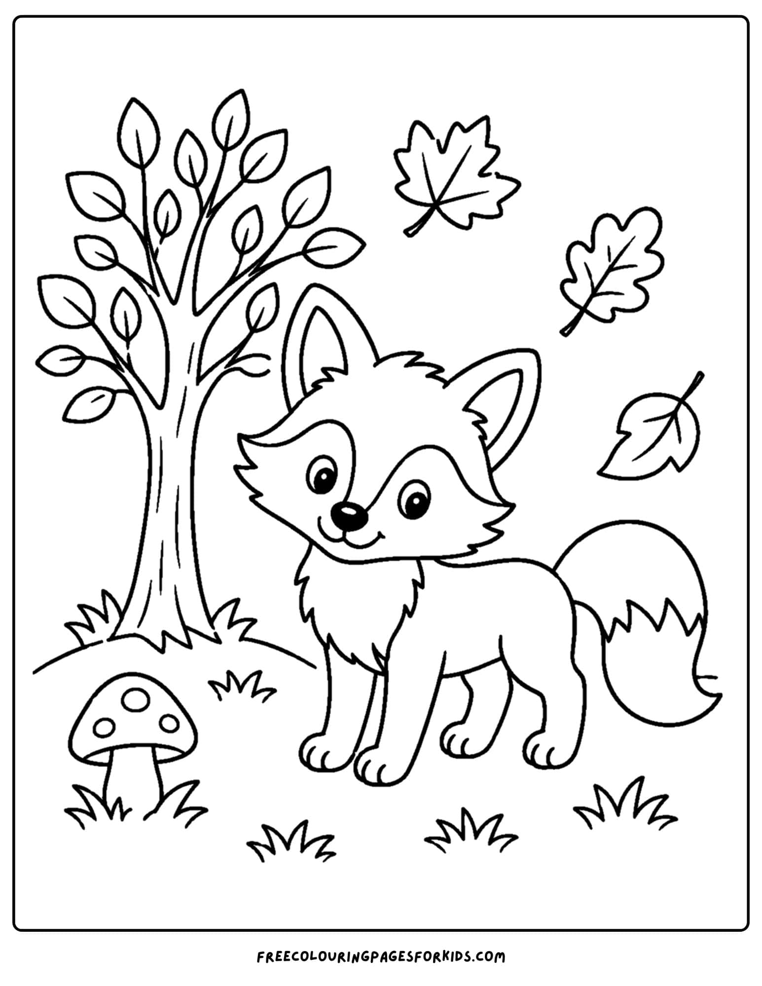 a coloring page of a fox in an autumn woods scene
