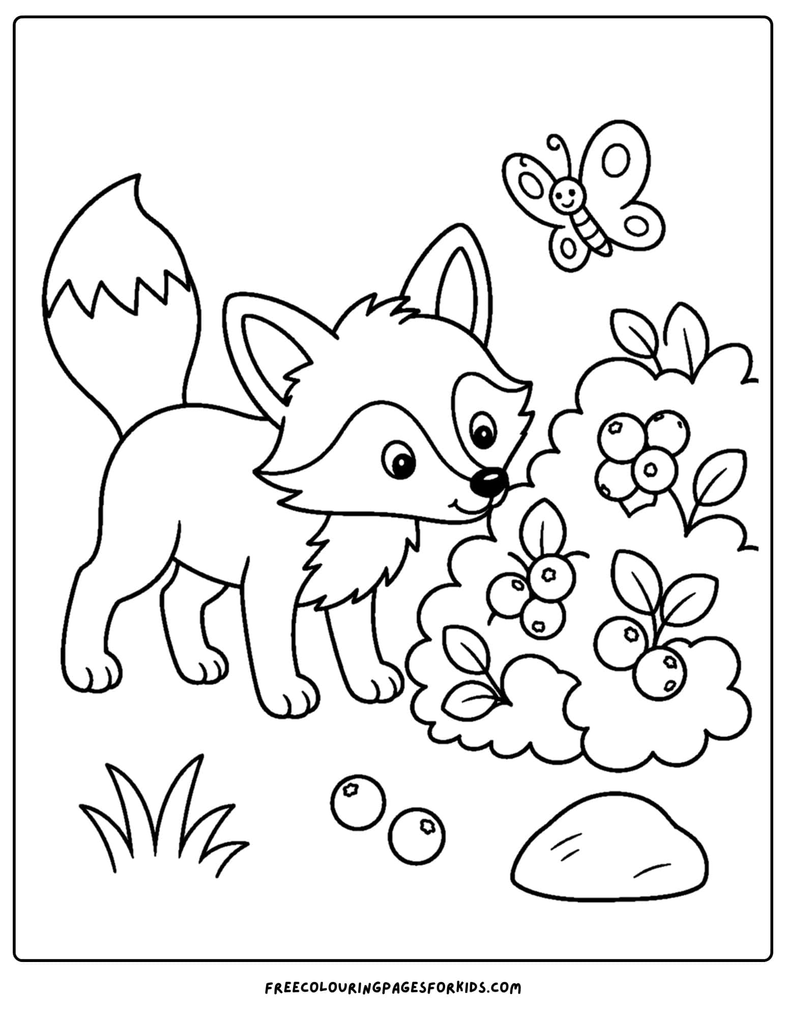 a coloring page of a fox smelling a busy of berries