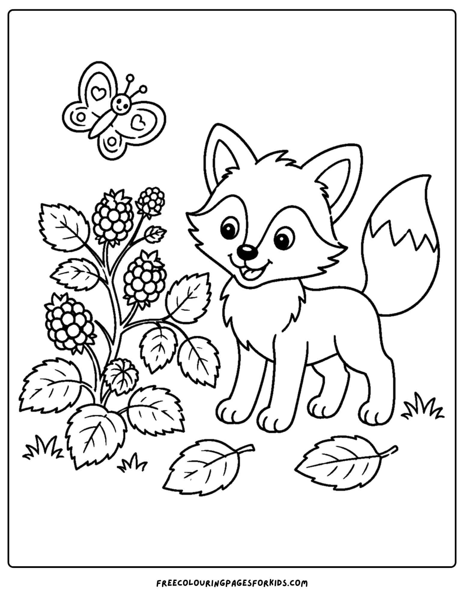 a coloring page of a fox next to a blackberry bramble