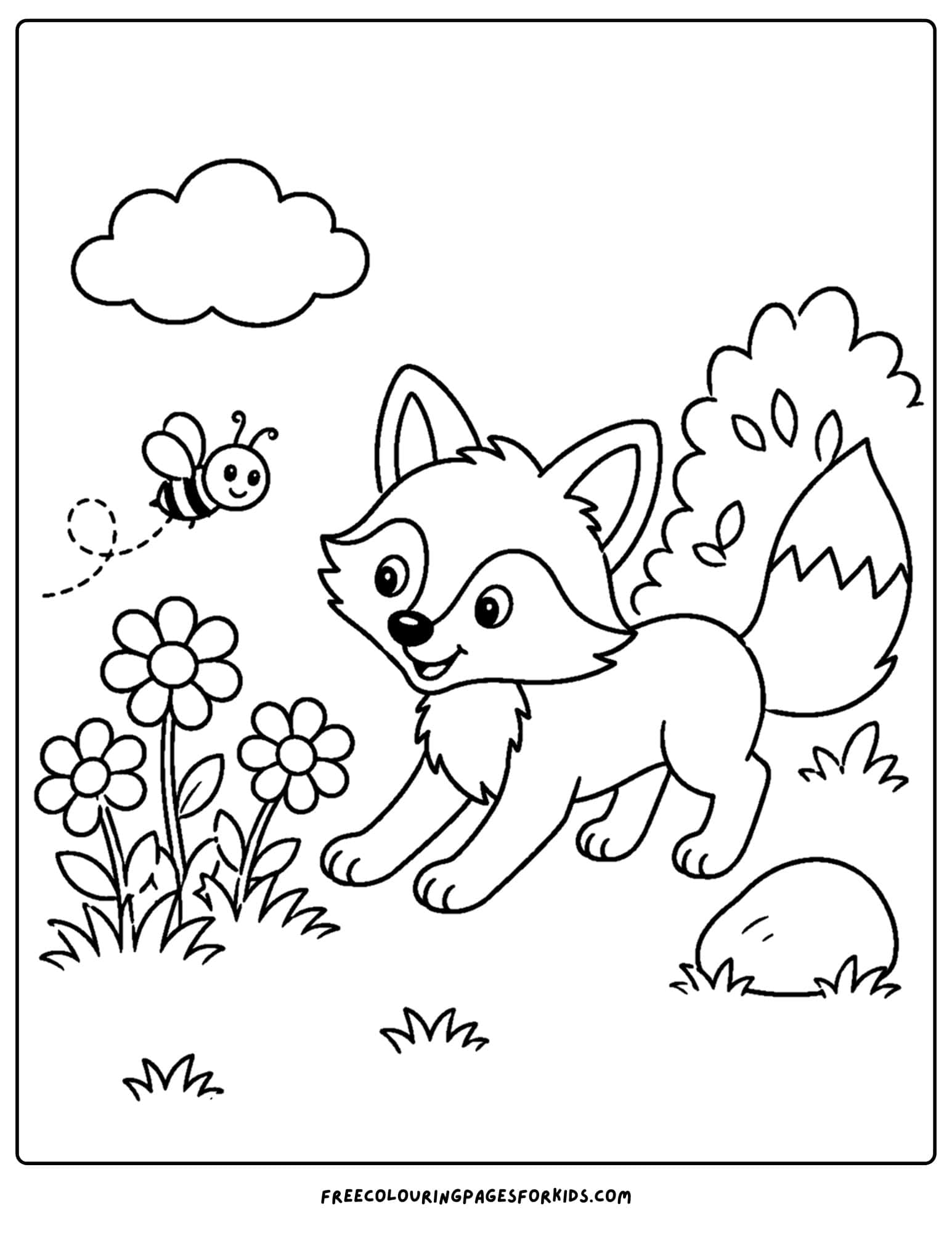a coloring page of a fox watching a bee