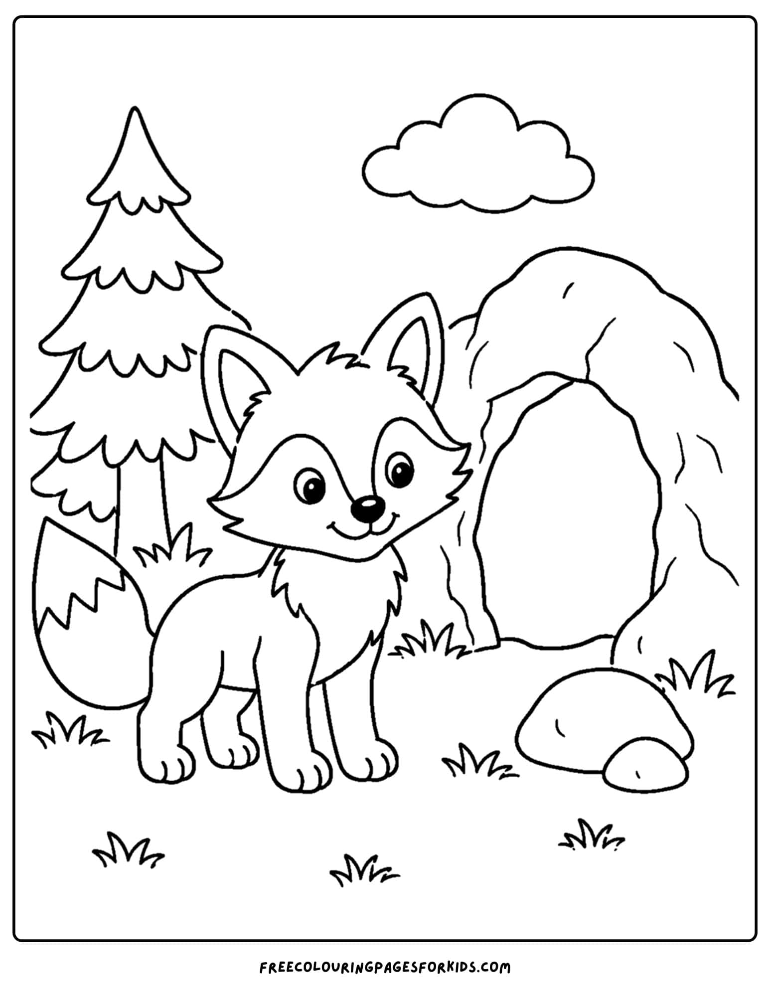 a coloring page of a fox standing at the entrance to a cave