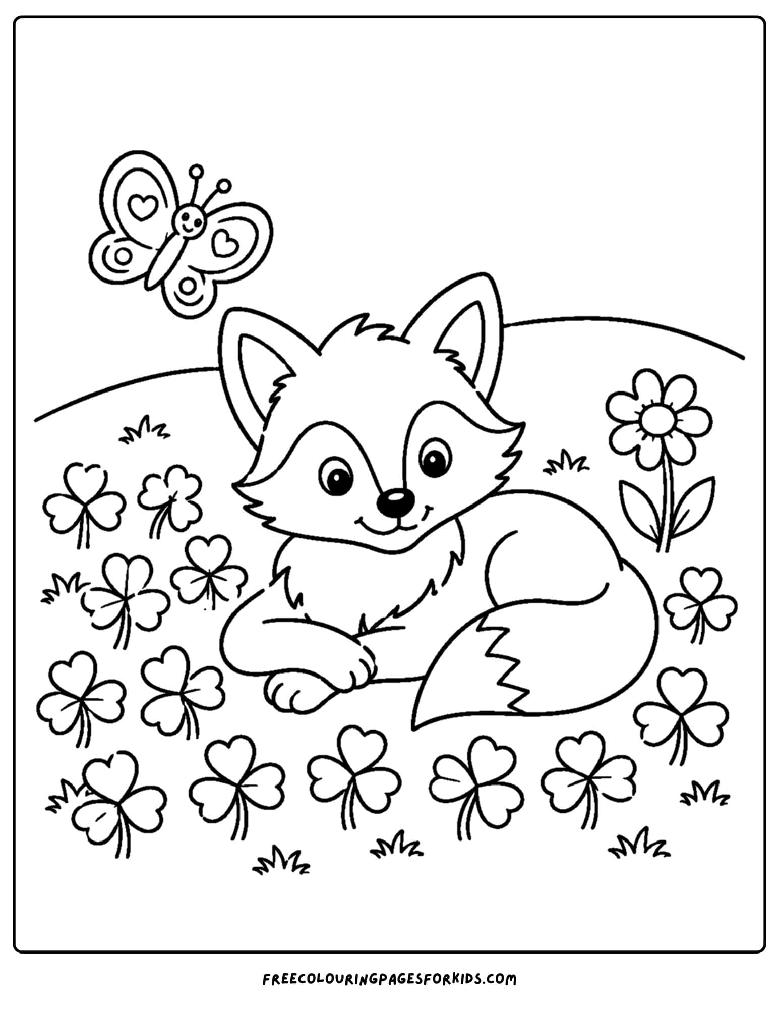 a coloring page of a fox resting in a clover patch