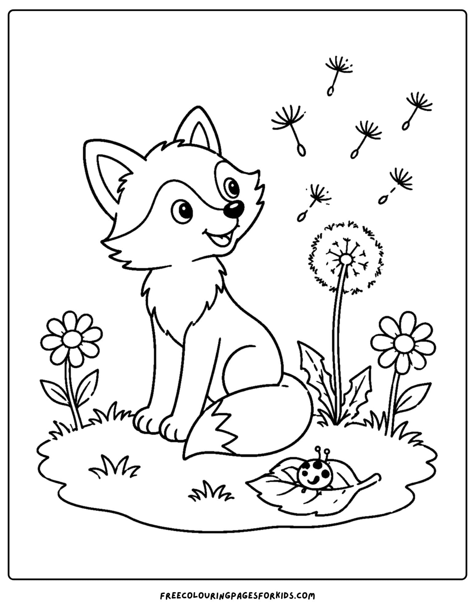 a coloring page of a fox watching dandelion seeds fly away