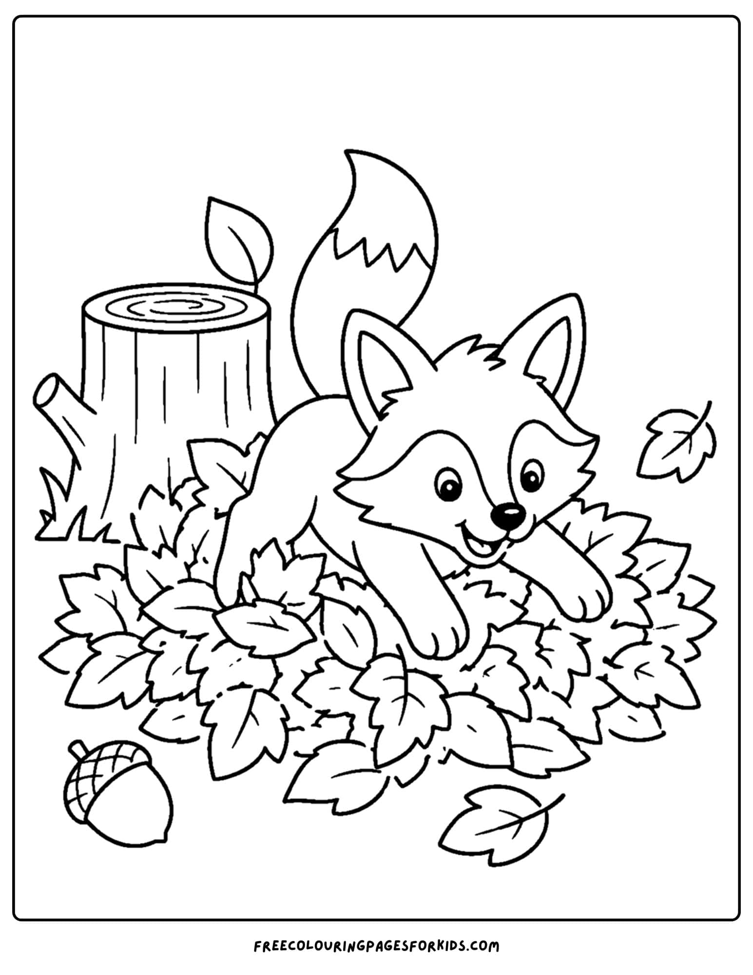 a coloring page of a fox jumping in fallen leaves