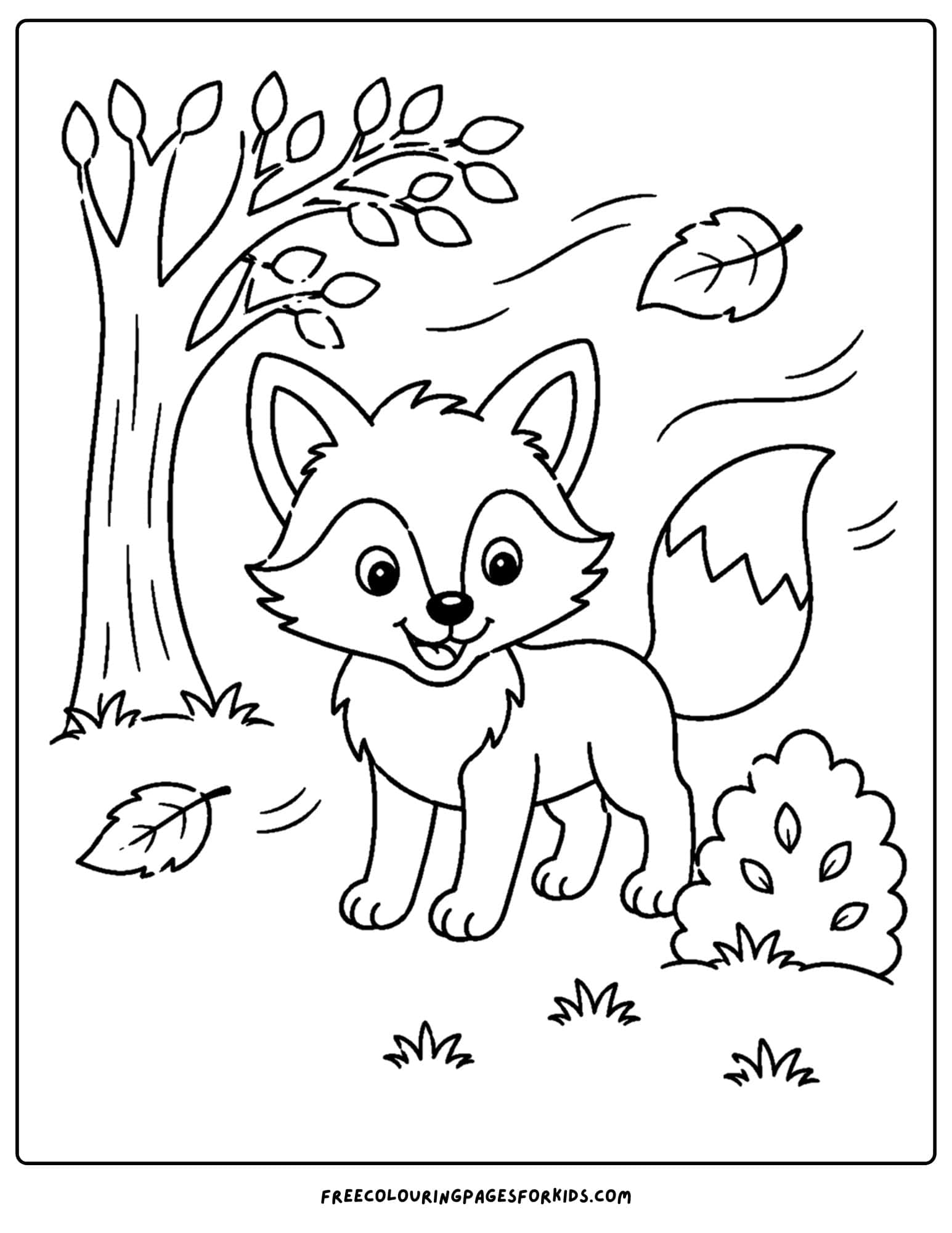a coloring page of a fox standing with a strong breeze blowing