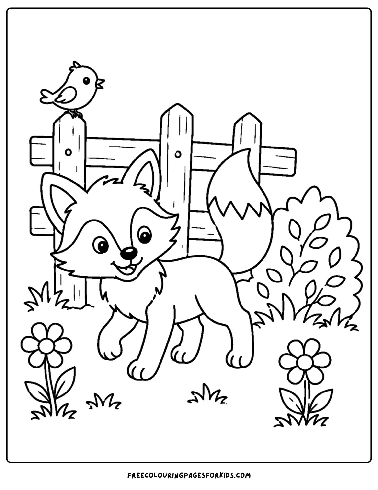a coloring page of a fox standing in front of a fence