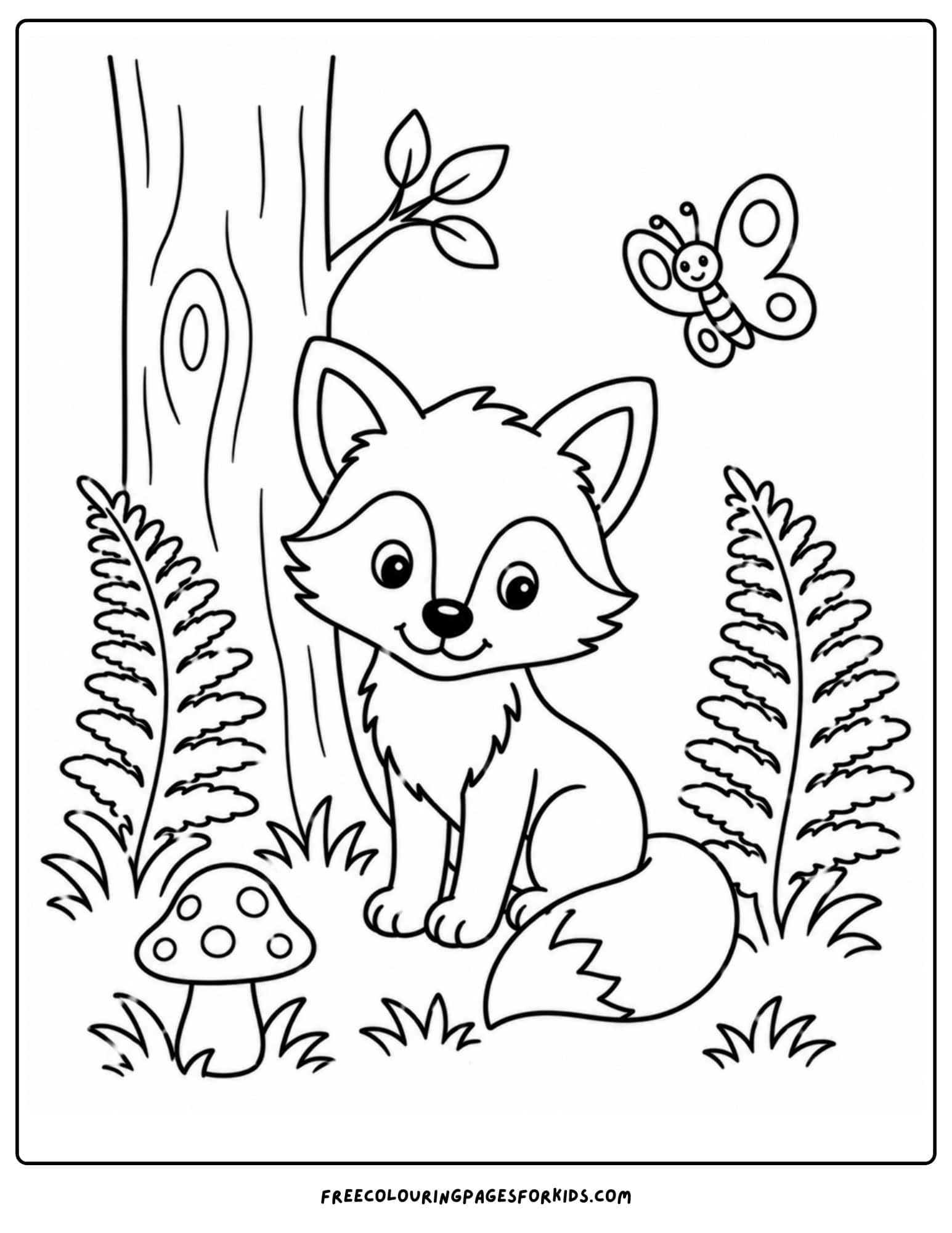 a coloring page of a fox sitting amongst big ferns