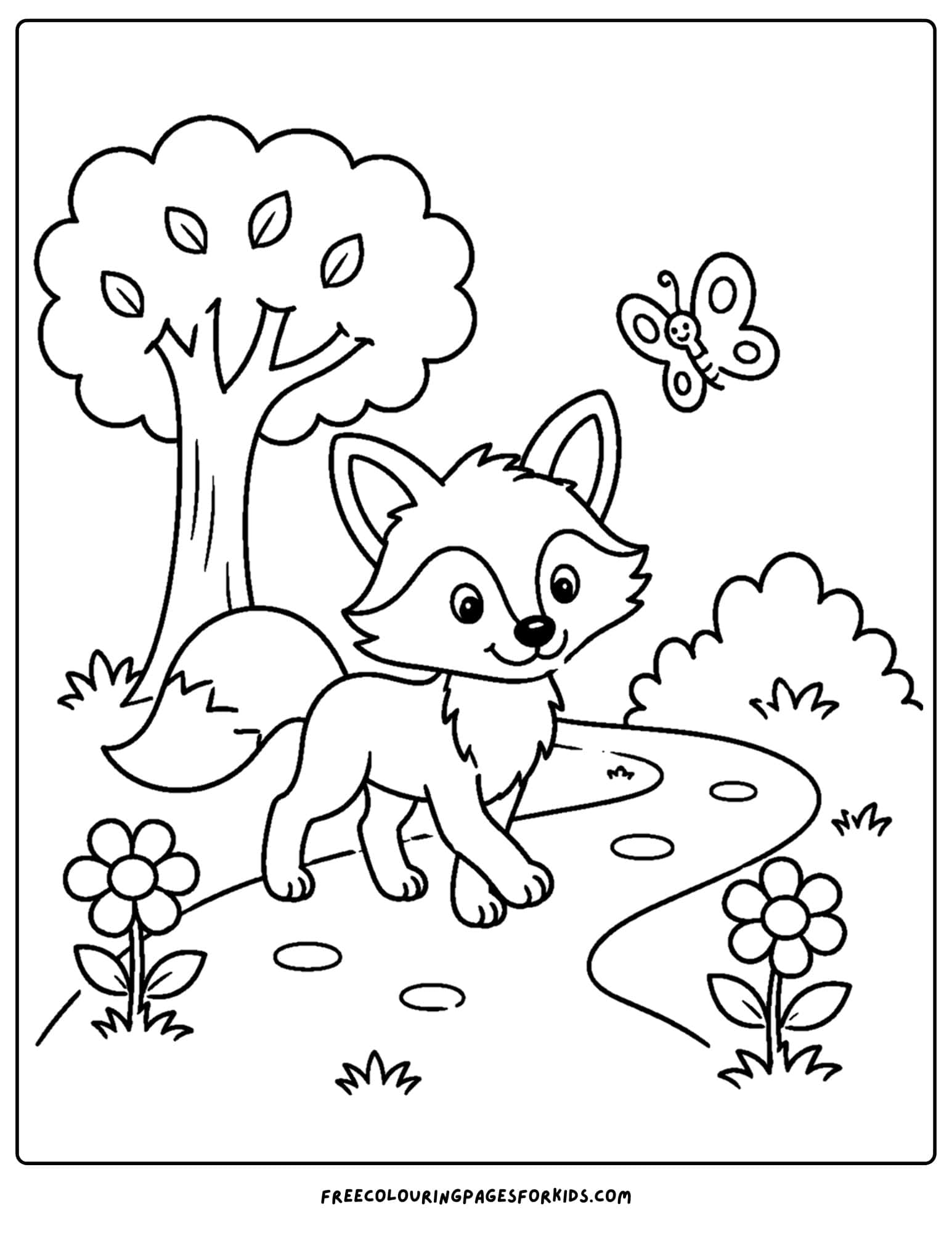 a coloring page of a fox walking along a forest path