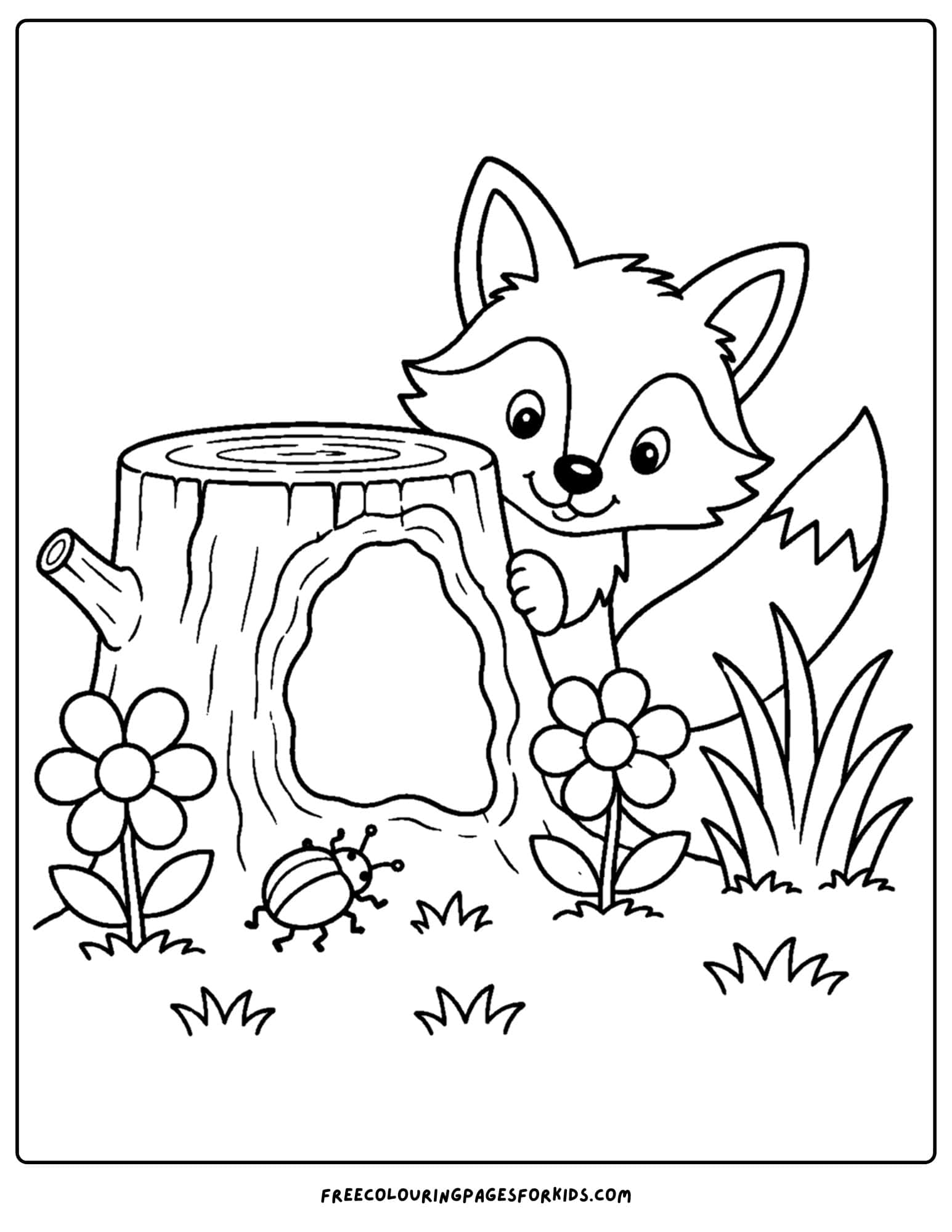 a coloring page of a fox peeking from behind a tree stump